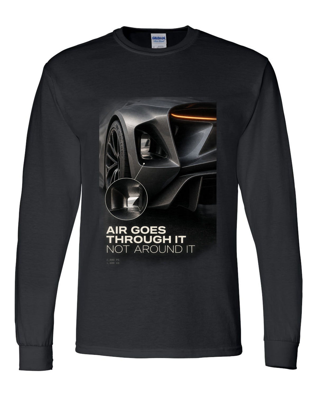 Lotus Evija rear three-quarter tunnel macro print with air goes through it text black long sleeve front view with the design