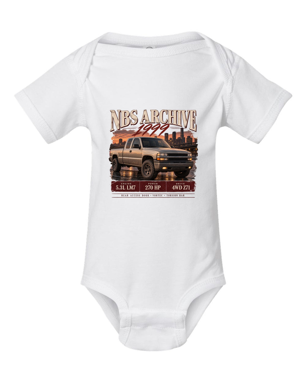 1999 Chevy Silverado NBS archive panel print white baby onesie front view with the design