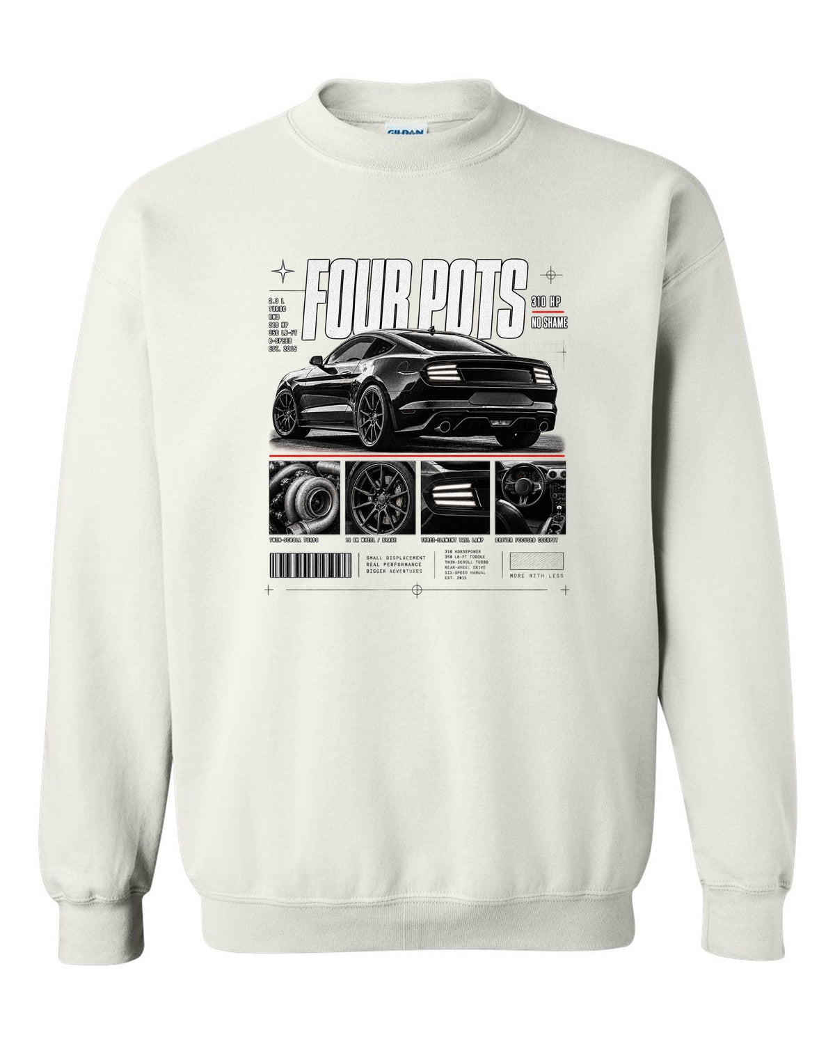 Dossier panel print of a 2015-17 Ford Mustang S550 EcoBoost fastback white crewneck front view with the design
