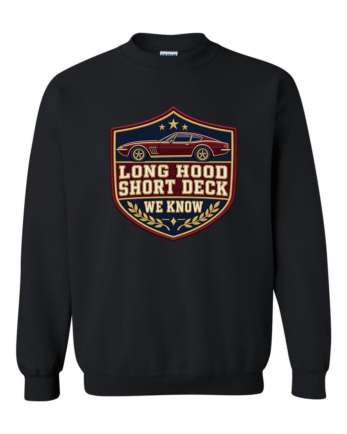 Embroidery varsity crest print for a Hyundai Genesis Coupe BK2 with long hood short deck text black crewneck front view with the design