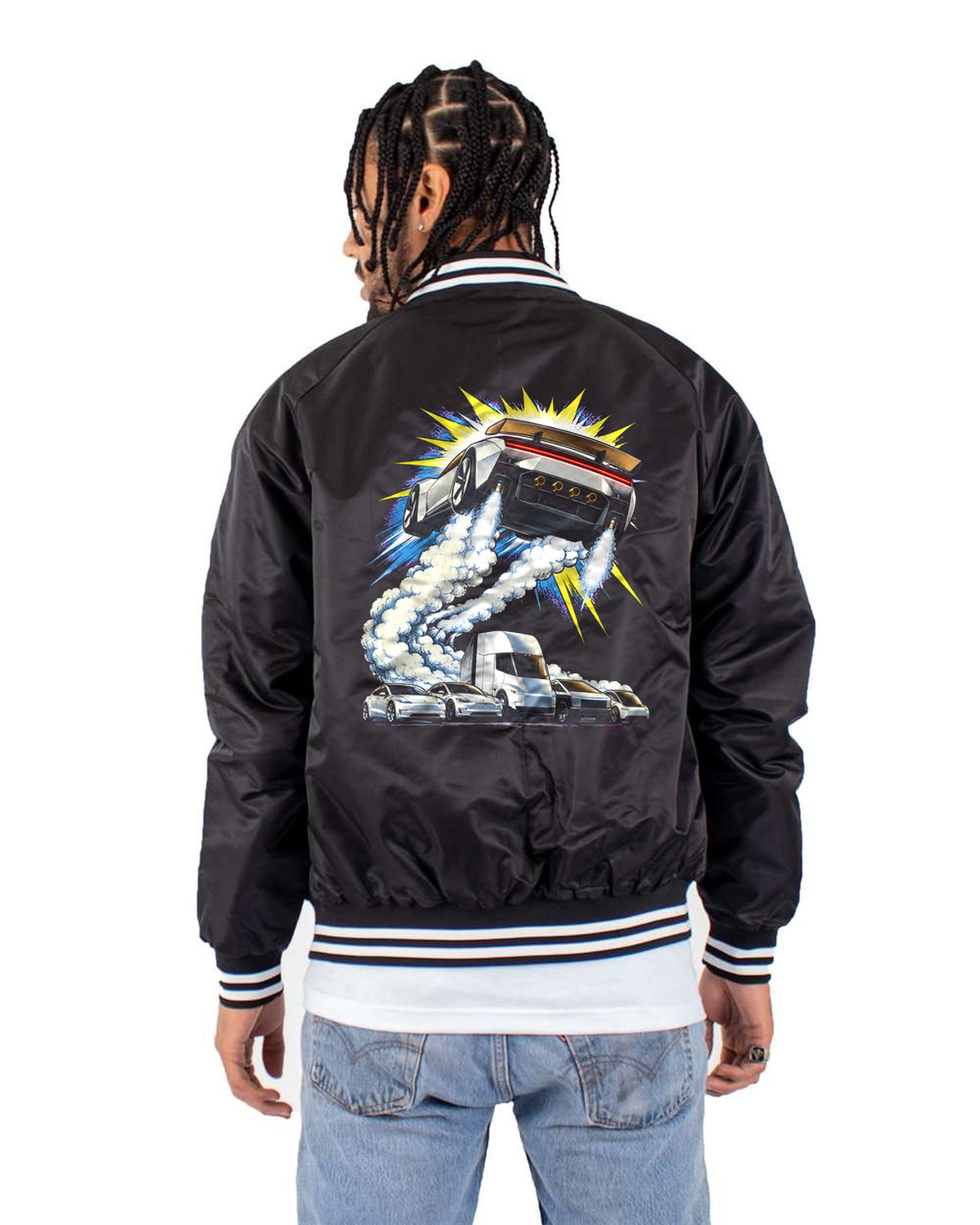 Tesla Roadster The Jump Shirt, Hoodie & More Bomber Jacket Black back