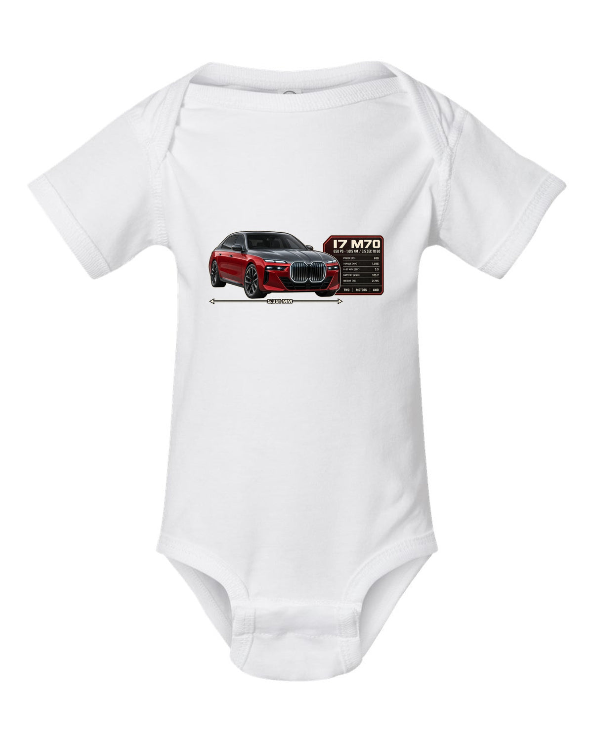 Spec poster print of the BMW i7 M70 xDrive with 650 PS and 1,015 Nm white baby onesie front view with the design