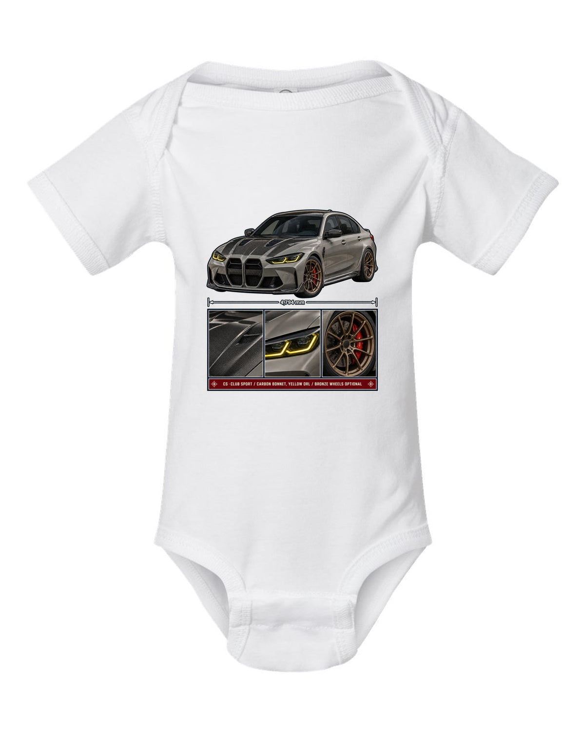 BMW M3 CS G80 dossier panels print design white baby onesie front view with the design