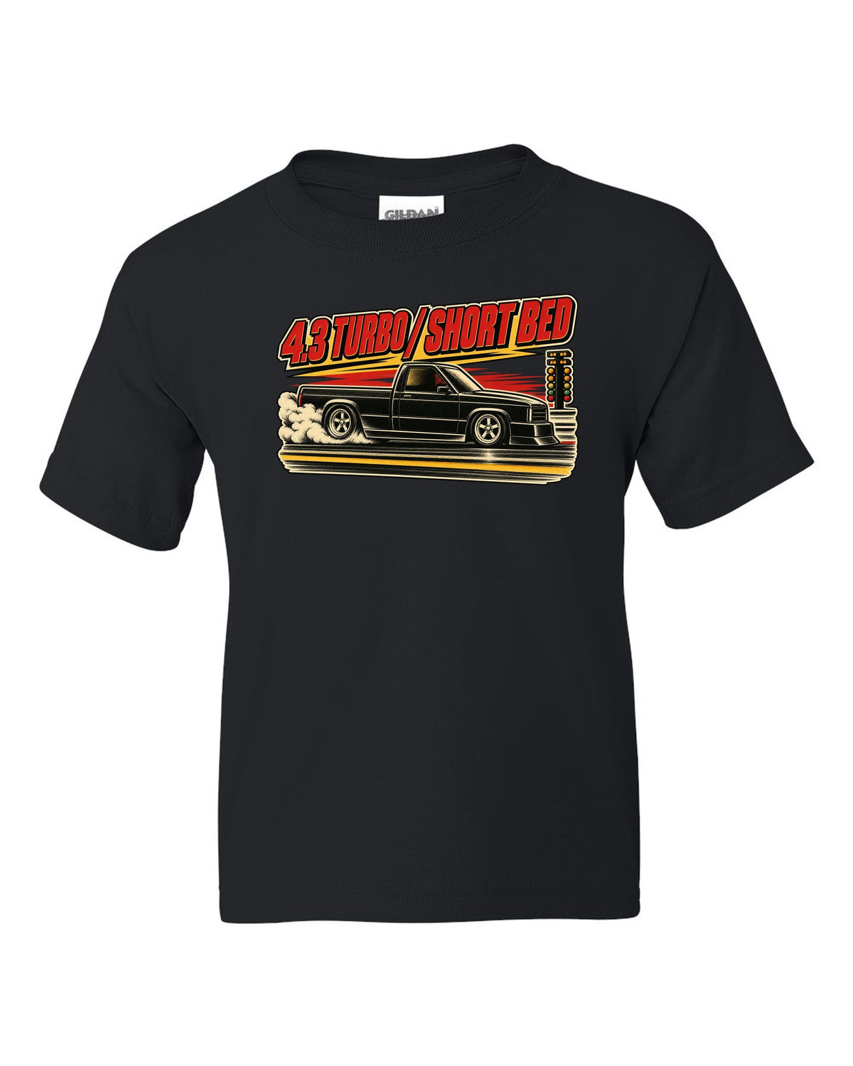 1960s lithograph drag race poster featuring a 1991 GMC Syclone with 4.3 TURBO / SHORT BED text black kids tee front view with the design