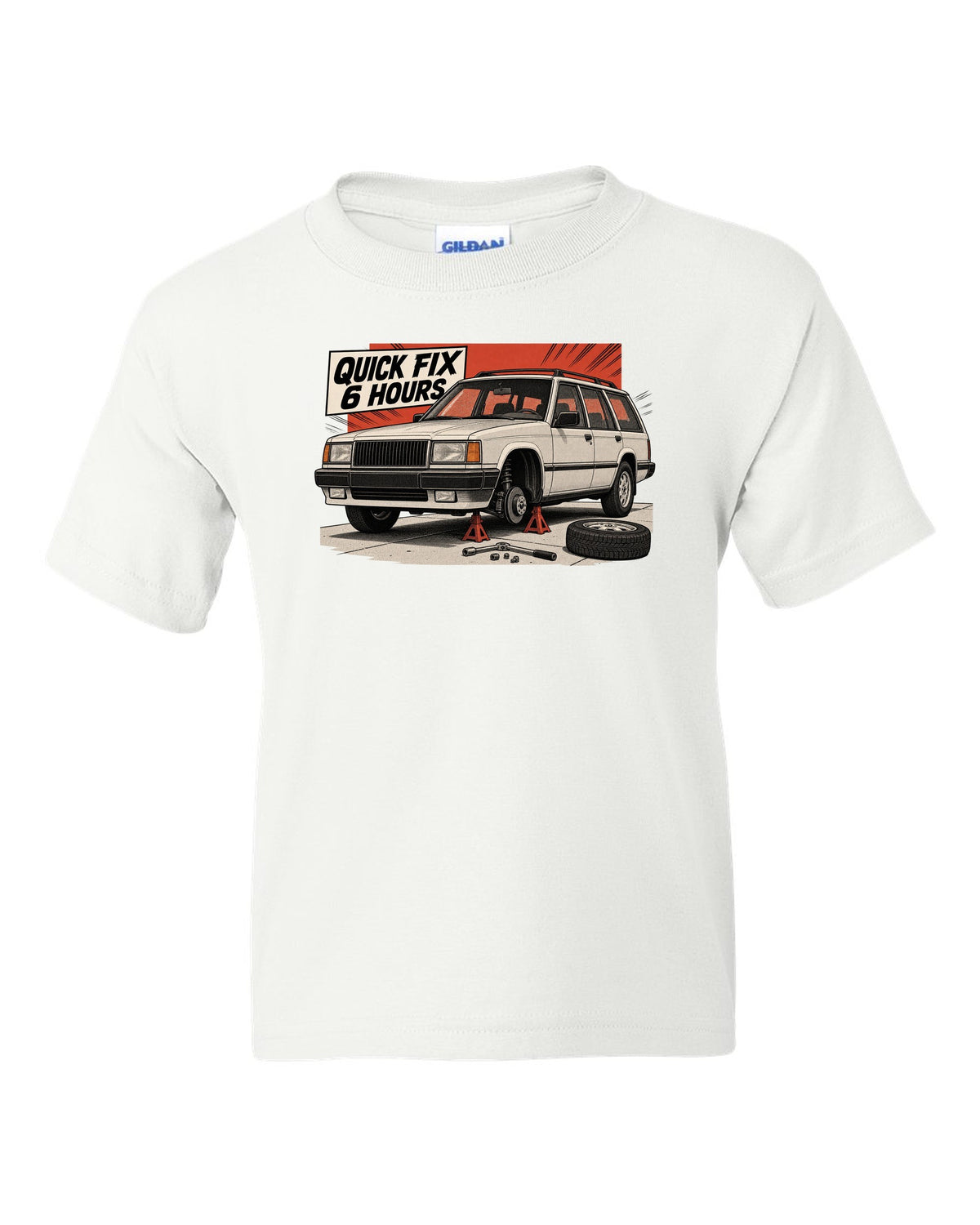 Retro manga halftone panel of a Jeep Cherokee XJ on jack stands with Quick Fix 6 Hours text white kids tee front view with the design