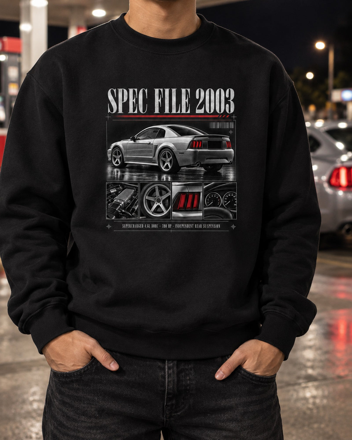 Ford Mustang SVT Cobra New Edge Spec File Shirt, 2003-04 Crewneck Black worn hero