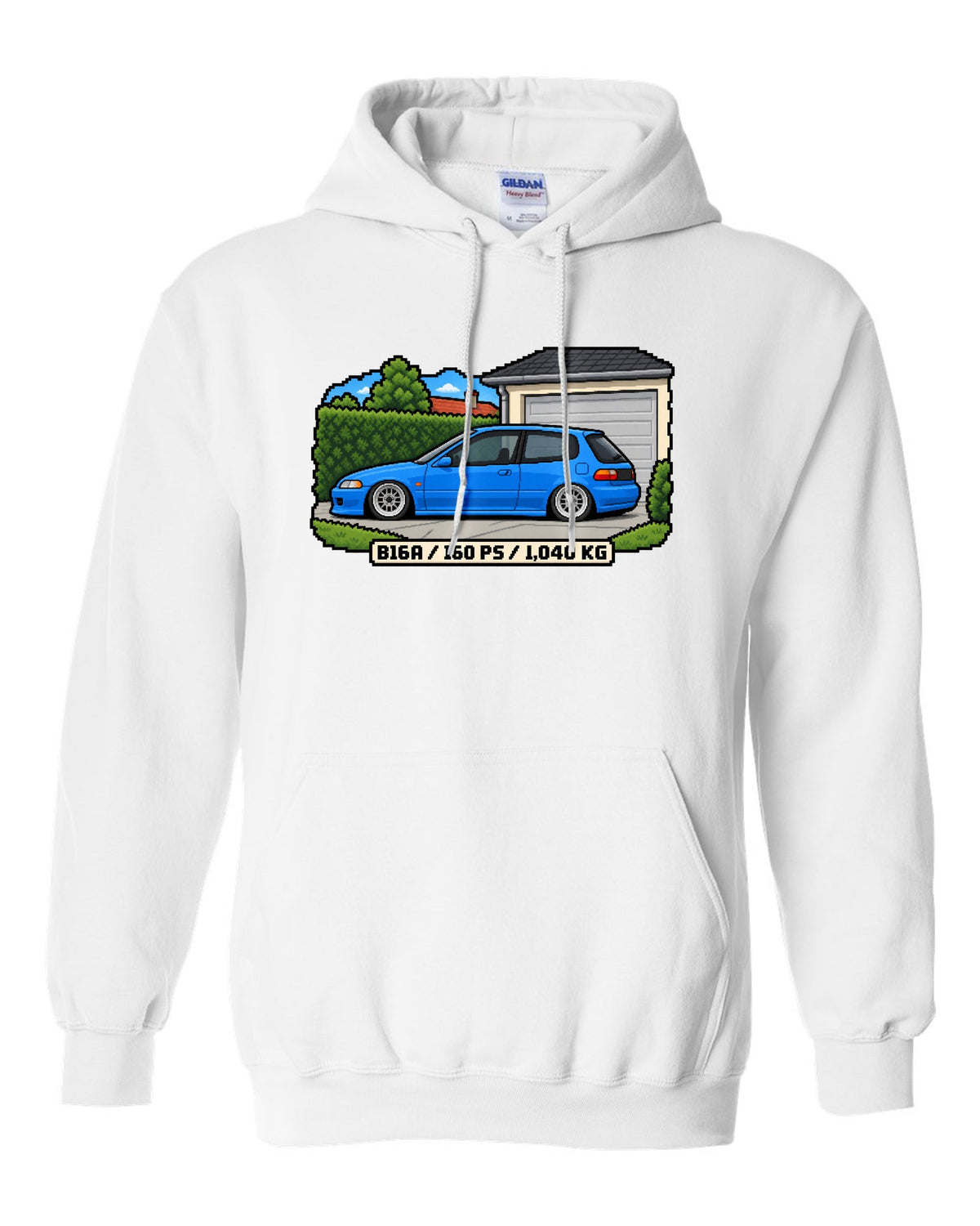 16-bit pixel art print of a 1992 Honda Civic EG6 ch with B16A and 160 PS text white pull over hoodie front view with the design