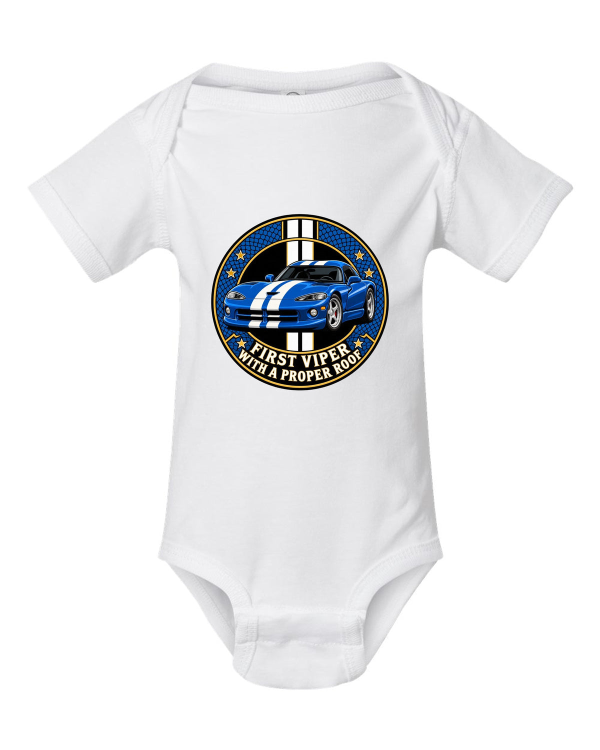 Original crest design print of a 1996 Dodge Viper GTS SR II with proper roof text white baby onesie front view with the design
