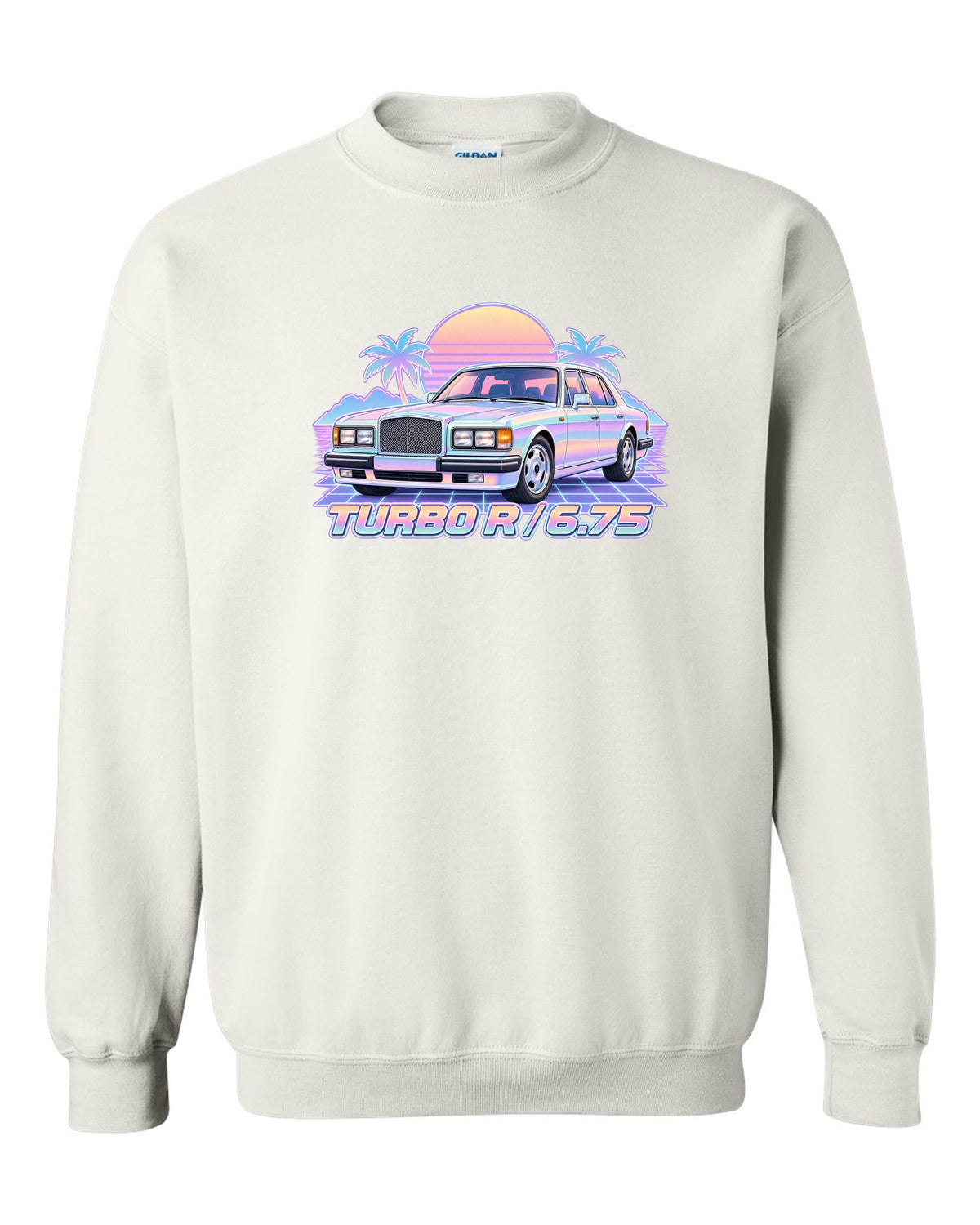 Pastel vaporwave illustration of a Bentley Turbo R front grille with TURBO R 6.75 lettering white crewneck front view with the design