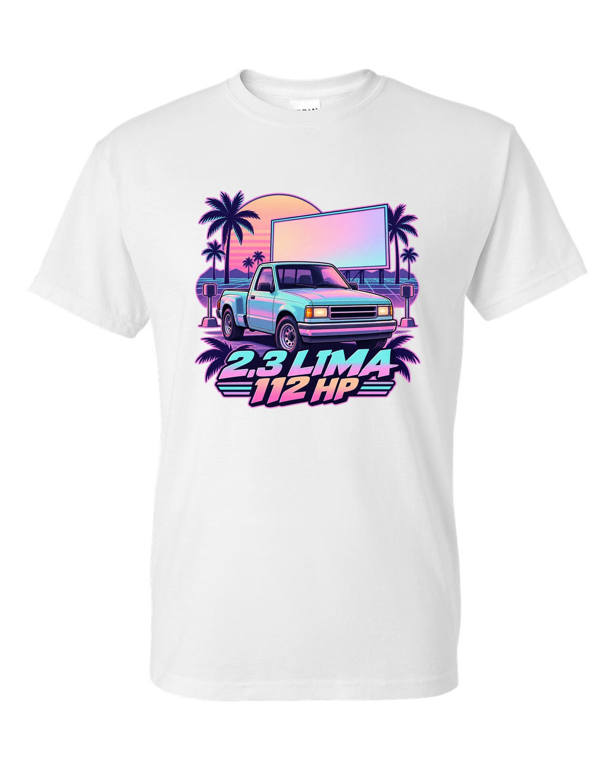 Ford Ranger 1995 stepside at a drive-in in a vaporwave pastel print white t-shirt front view with the design