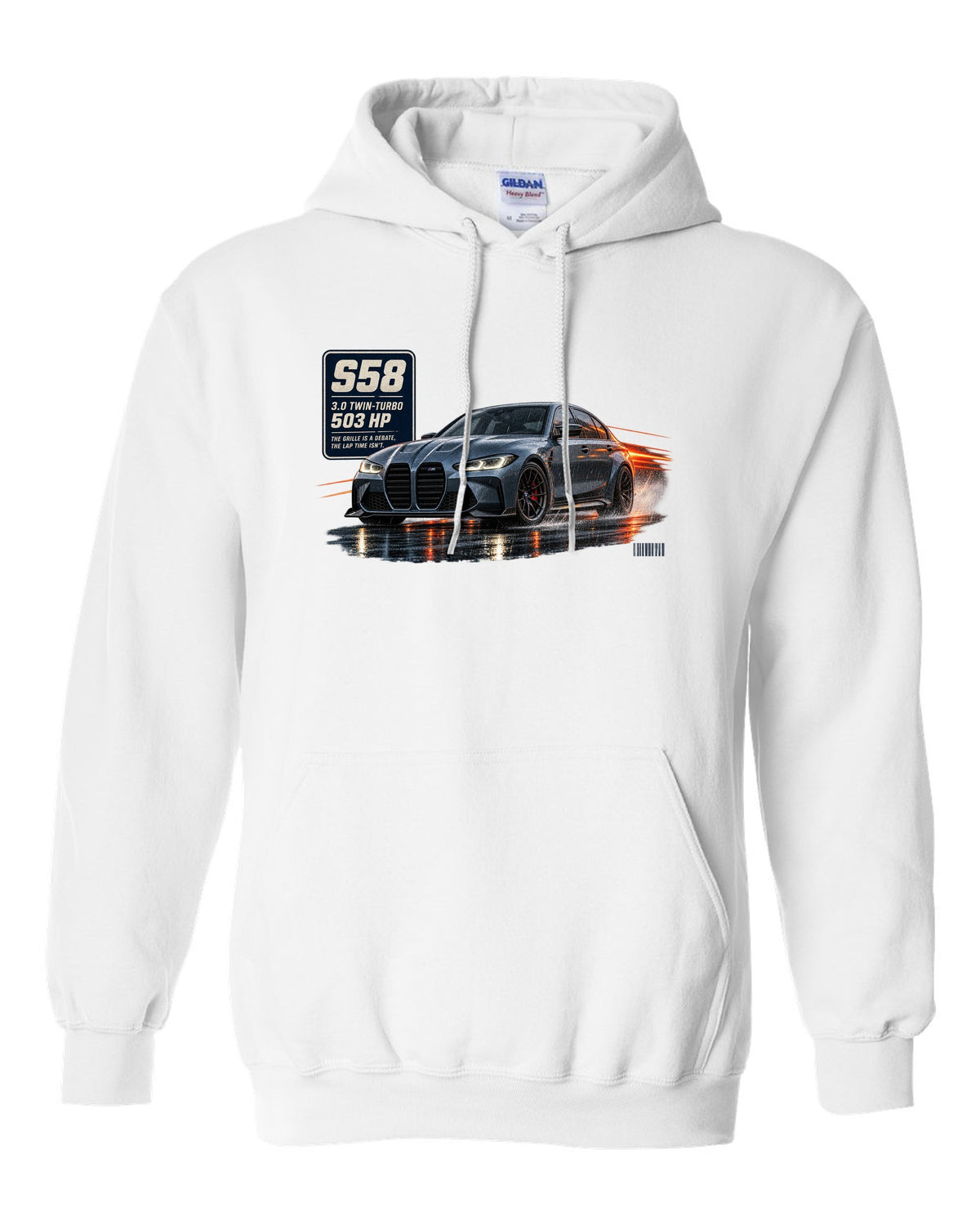 print of a BMW M3 Competition G80 on a night touge road in blue-grey white pull over hoodie front view with the design