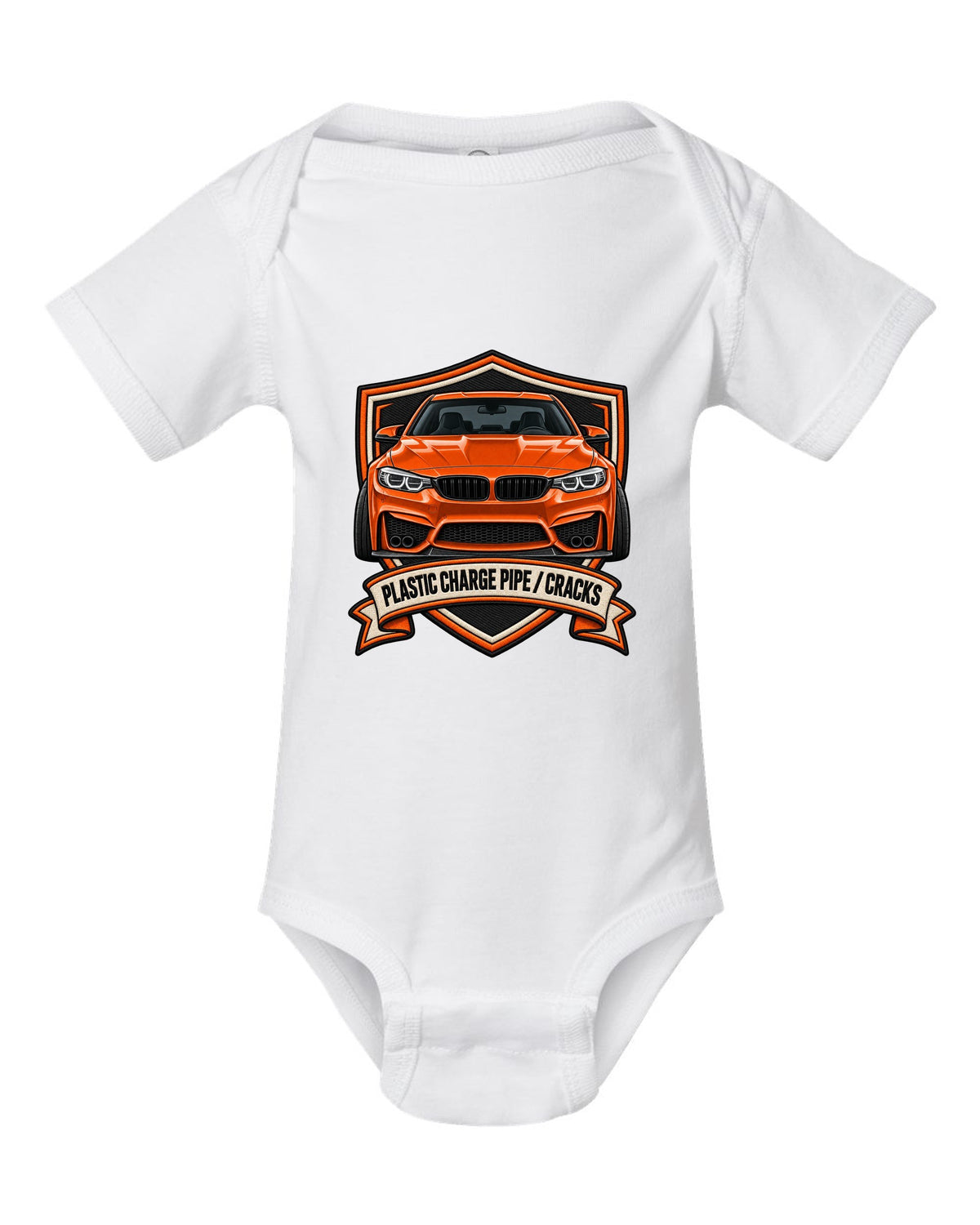 BMW F80 M3 varsity crest print with charge pipe joke text white baby onesie front view with the design