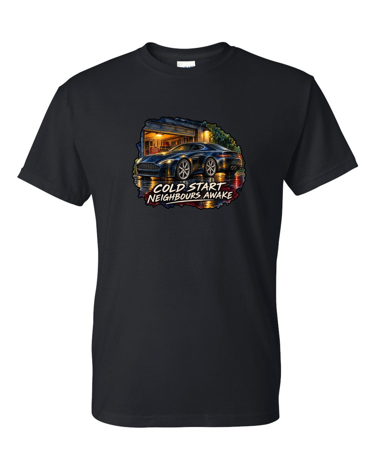 Aston Martin V8 Vantage watercolour wet-road night with COLD START NEIGHBOURS AWAKE black t-shirt front view with the design
