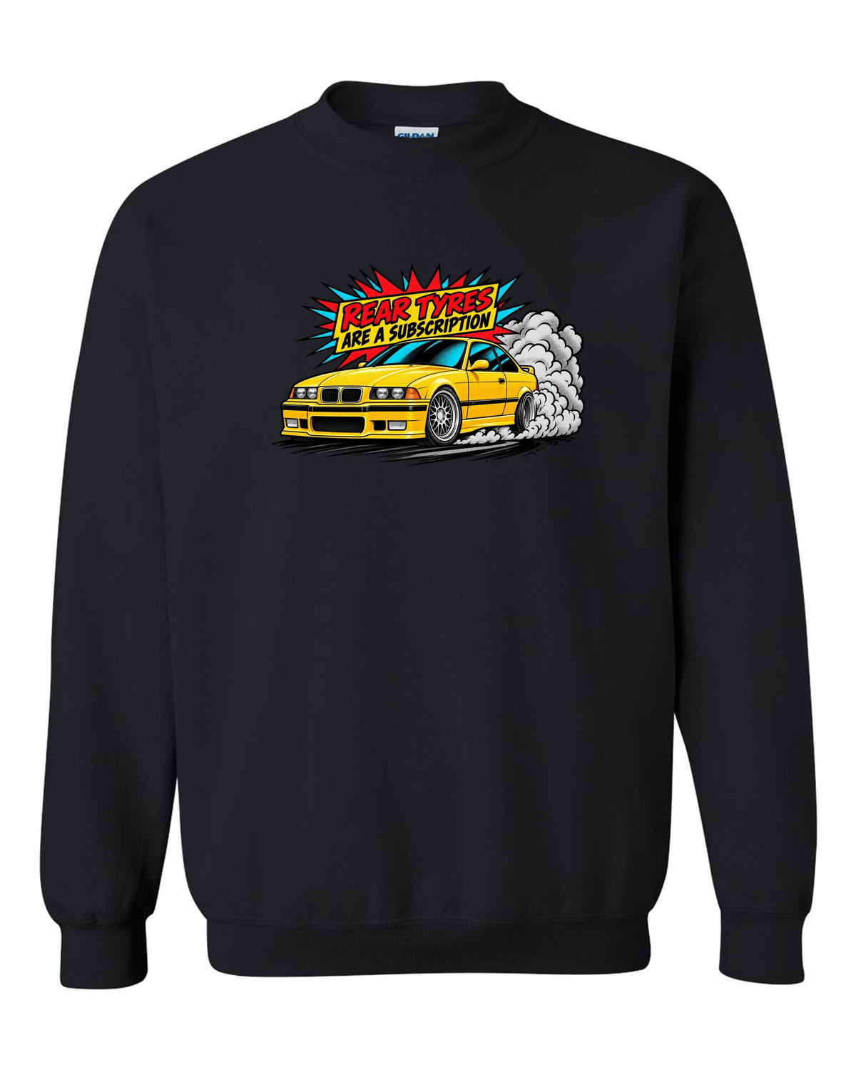 Risograph illustration of the stripped cockpit of a BMW E36 M3 Lightweight 1995 black crewneck front view with the design