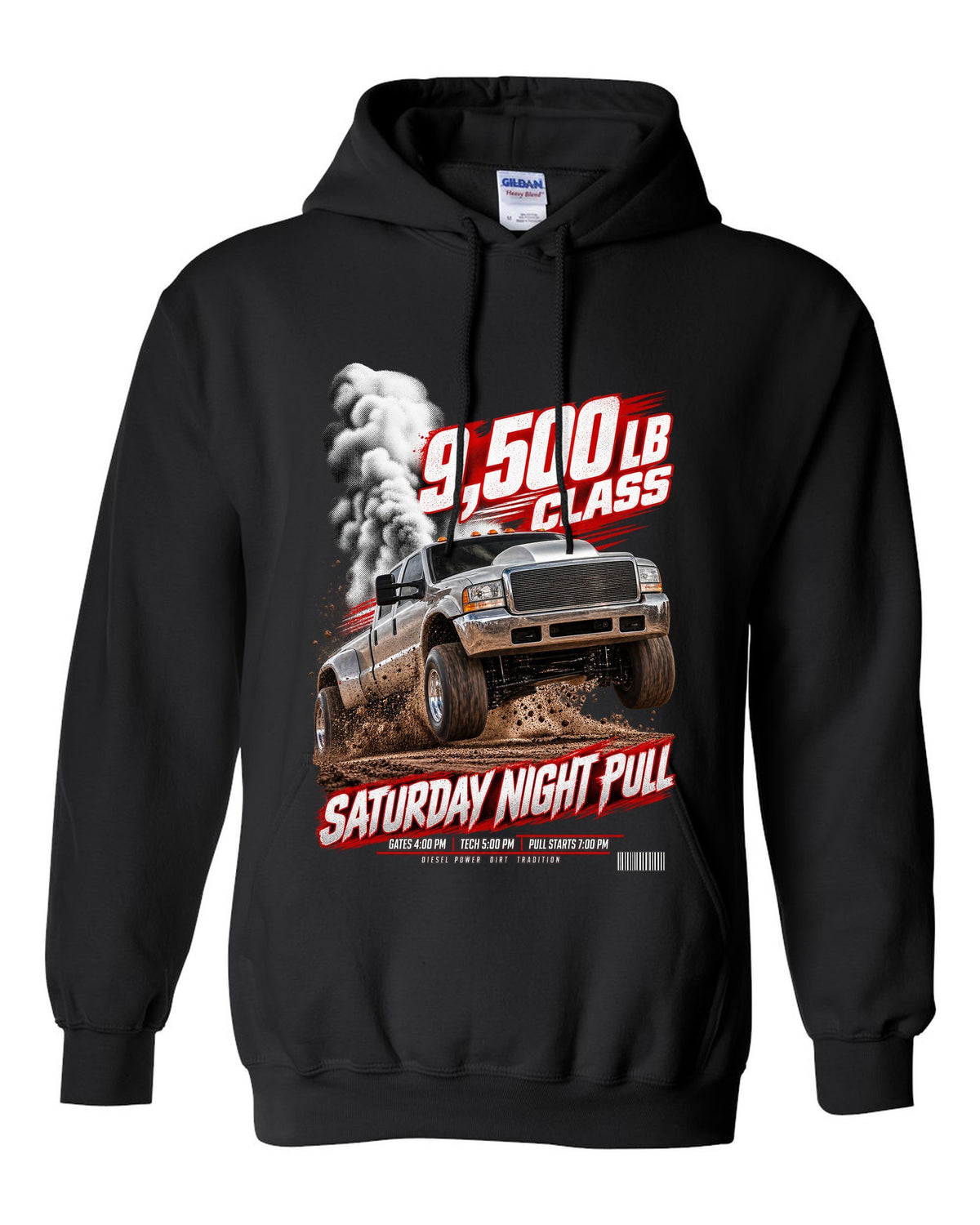 Race poster of a 1998.5-2002 Ram 2500 24V with the text 9,500 lb class, Saturday night pull black pull over hoodie front view with the design