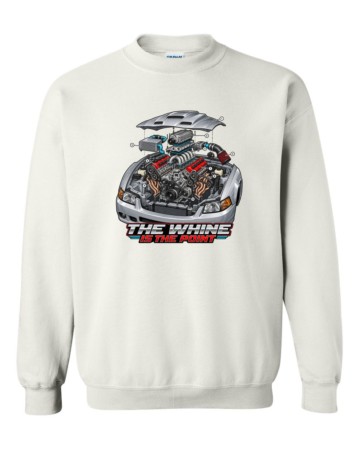 Exploded engine cutaway print of a supercharged Ford Mustang SN95 Terminator-spec white crewneck front view with the design