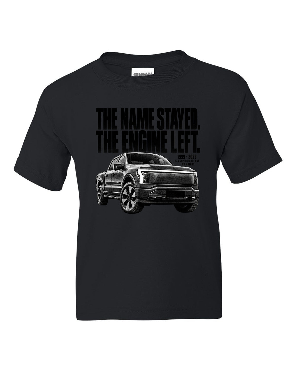 Halftone Ford F-150 Lightning 2022 front three-quarter with 1999 versus 2022 text black kids tee front view with the design