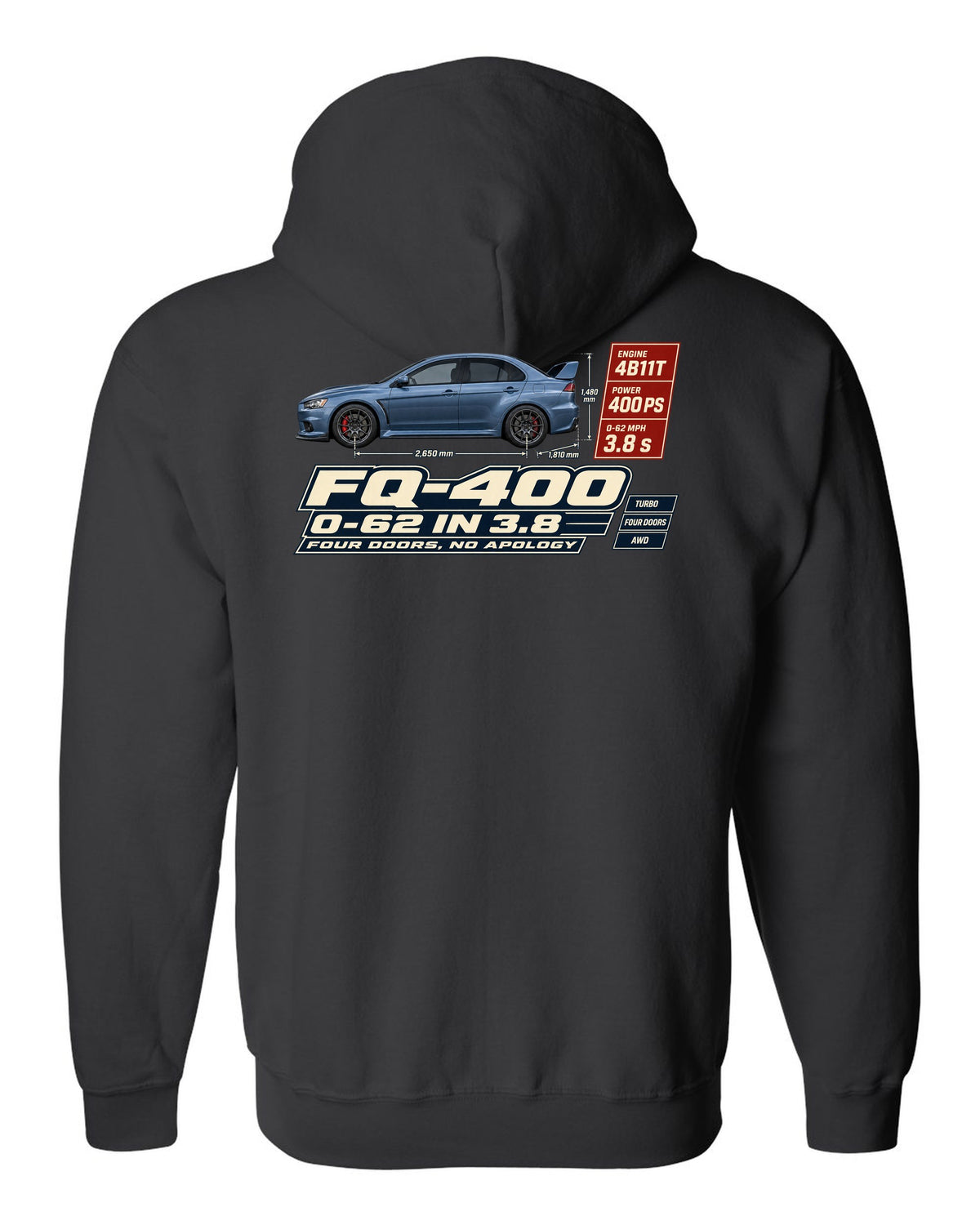 Evo X FQ-400 Spec Poster Tee, 0-62 in 3.8, Four Doors black zip hoodie back view with the design