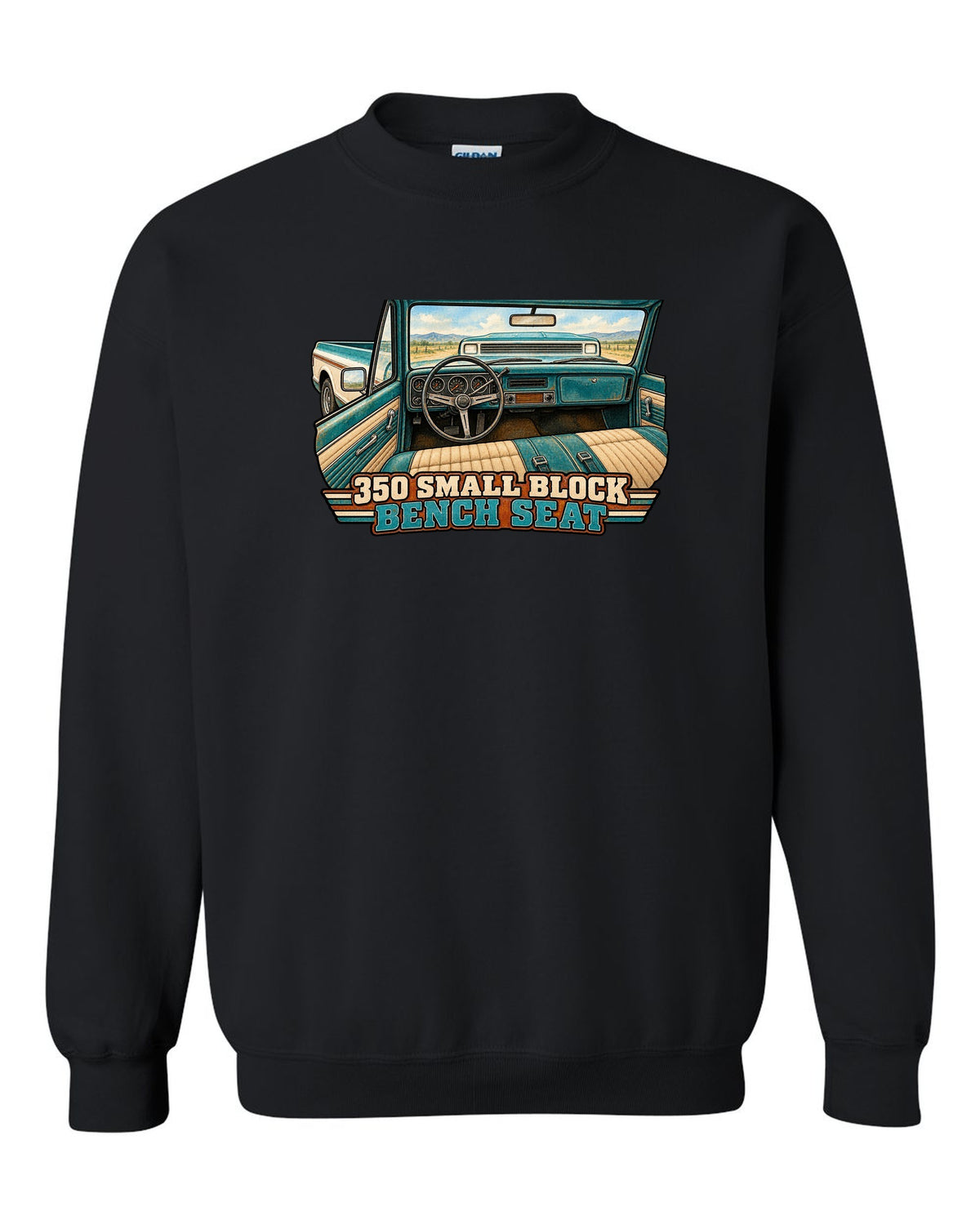 Watercolour wash print of a 1971 Chevrolet C10 Cheyenne with 350 Small Block and Bench Seat text black crewneck front view with the design