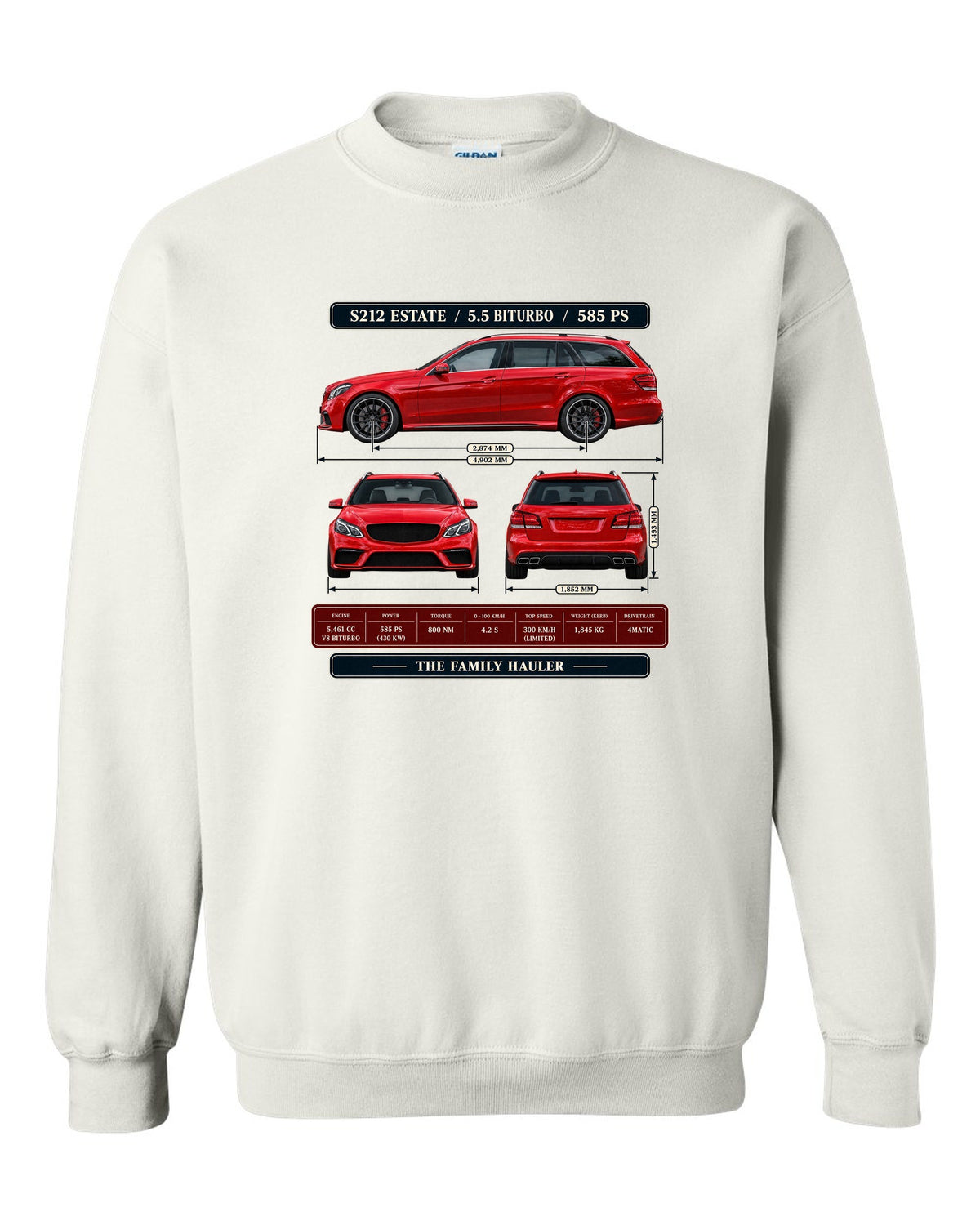 Three-view and spec table print of a signal red Mercedes-AMG E63 S S212 estate white crewneck front view with the design