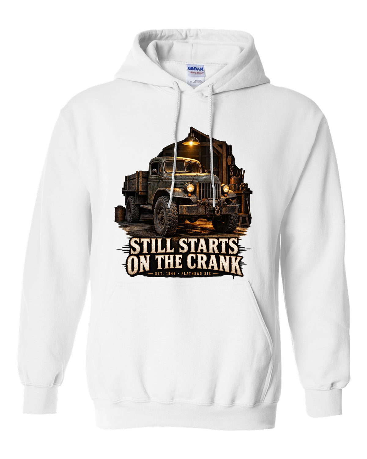 Garage night print of a 1946-1960s Dodge Power Wagon flat fender with starts on the crank text white pull over hoodie front view with the design