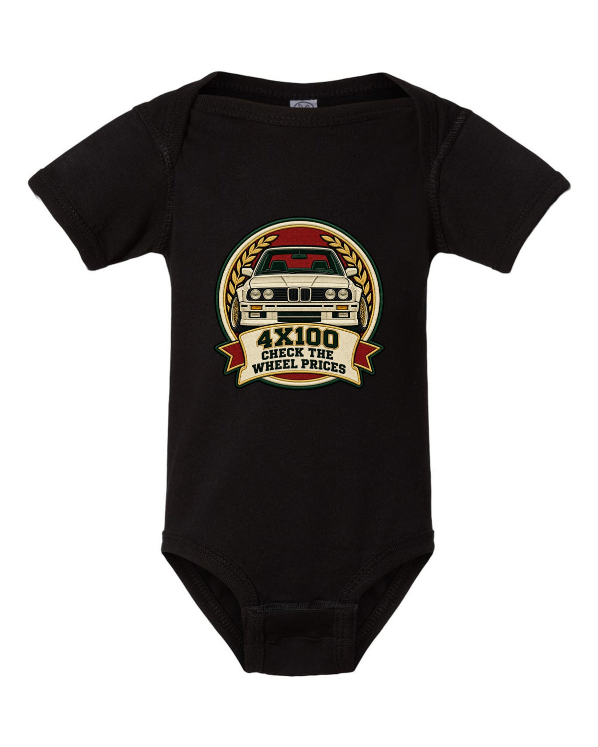 Varsity crest style print of a BMW E30 M3 with 4X100 wheel price joke text black baby onesie front view with the design