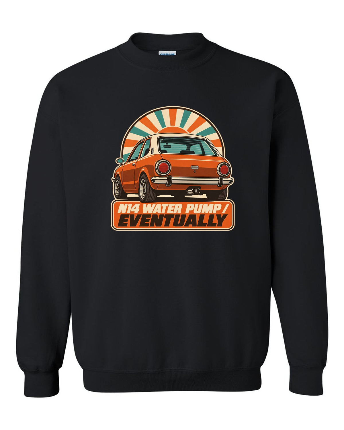 1970s catalogue-style ad of a Mini Cooper S R56 with N14 water pump text black crewneck front view with the design