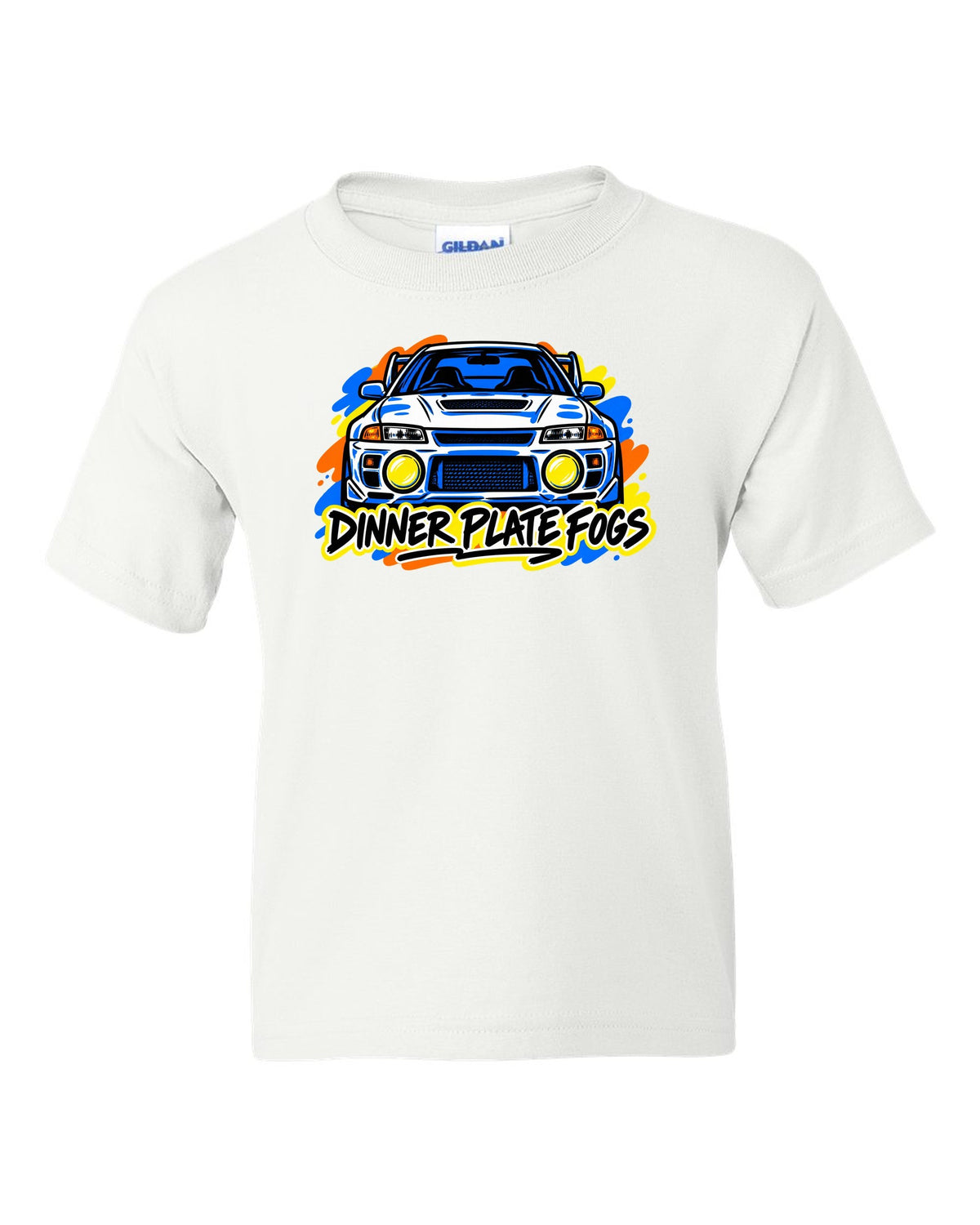 Mitsubishi Lancer Evolution IV CN9A mono-line sketch, DINNER PLATE FOGS white kids tee front view with the design