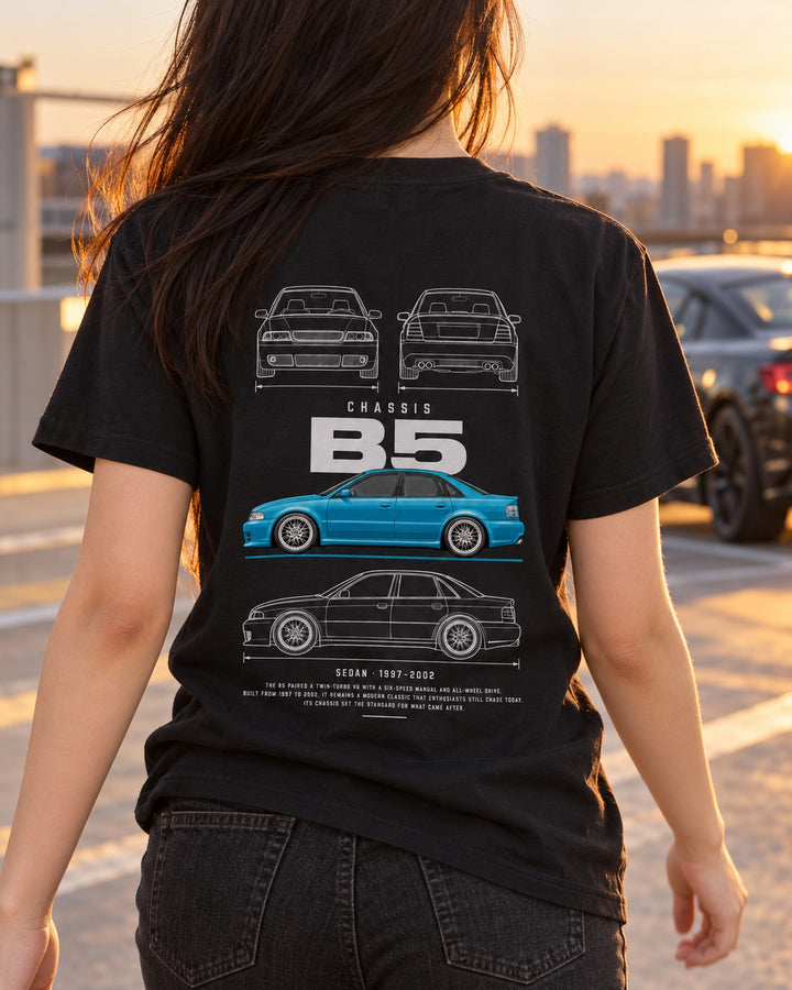 Audi B5 S4 sedan Blueprint Full-Back Graphic Tee, B5 Chassis Code T-Shirt Black worn hero