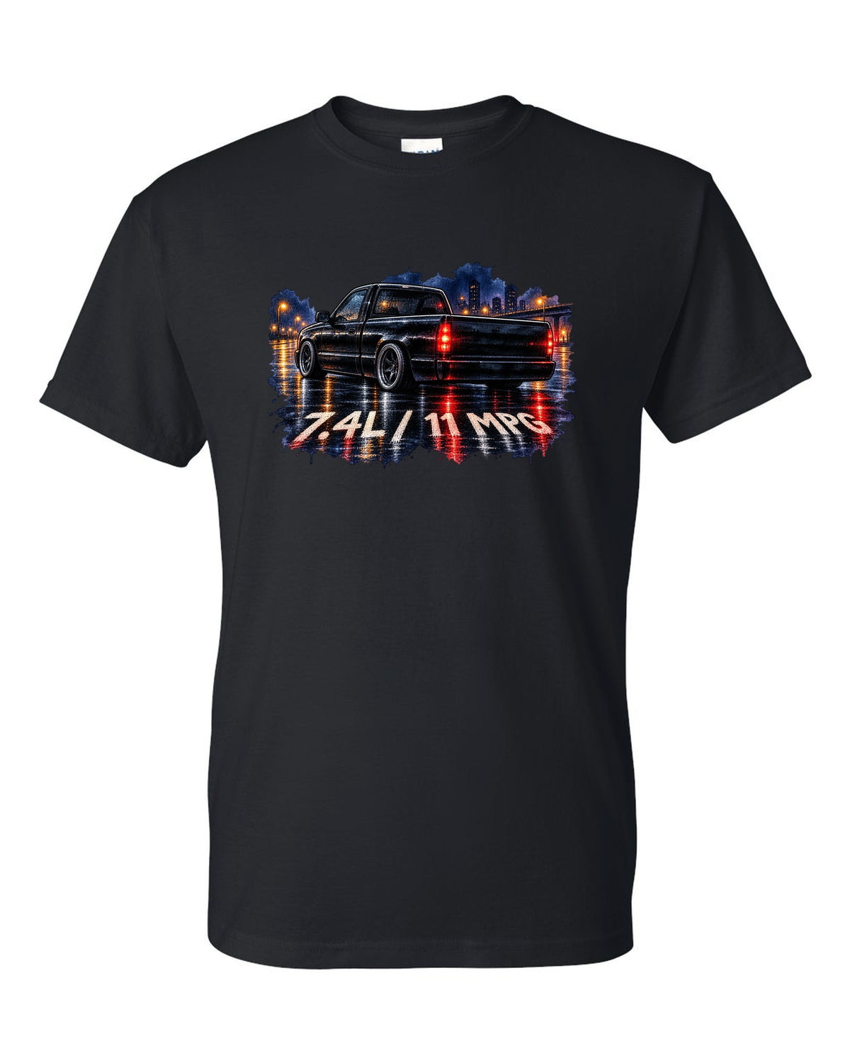 80s airbrush chrome print of a 1990-93 Chevrolet 454 SS pickup with 7.4L and 11 MPG text black t-shirt front view with the design