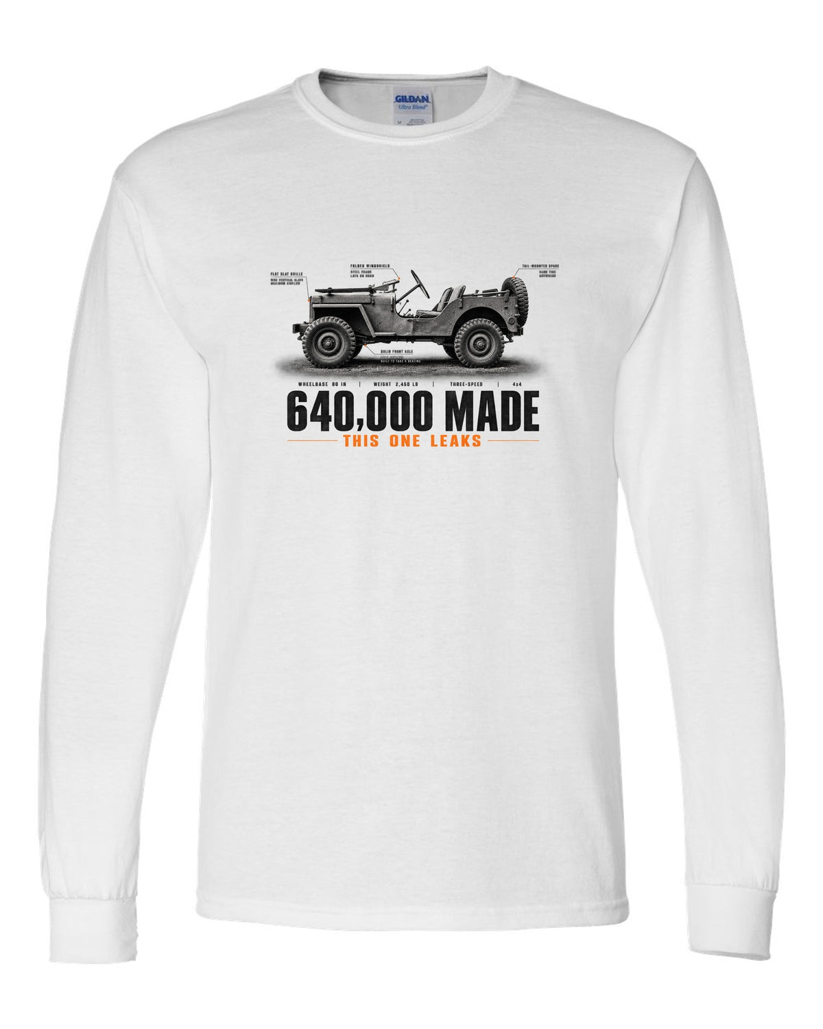 Spec poster print for the Willys MB and Ford GPW, 640,000 made white long sleeve front view with the design