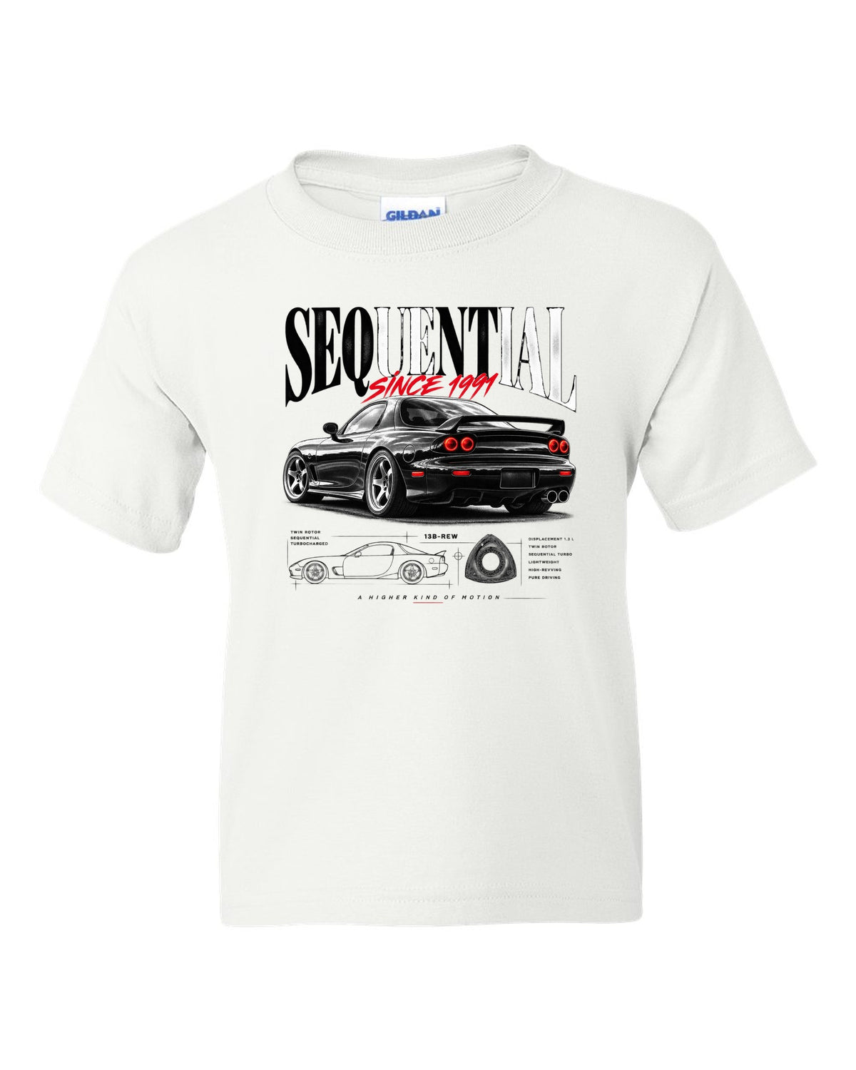 Editorial print of a Mazda RX-7 FD3S rear three-quarter with sequential headline white kids tee front view with the design