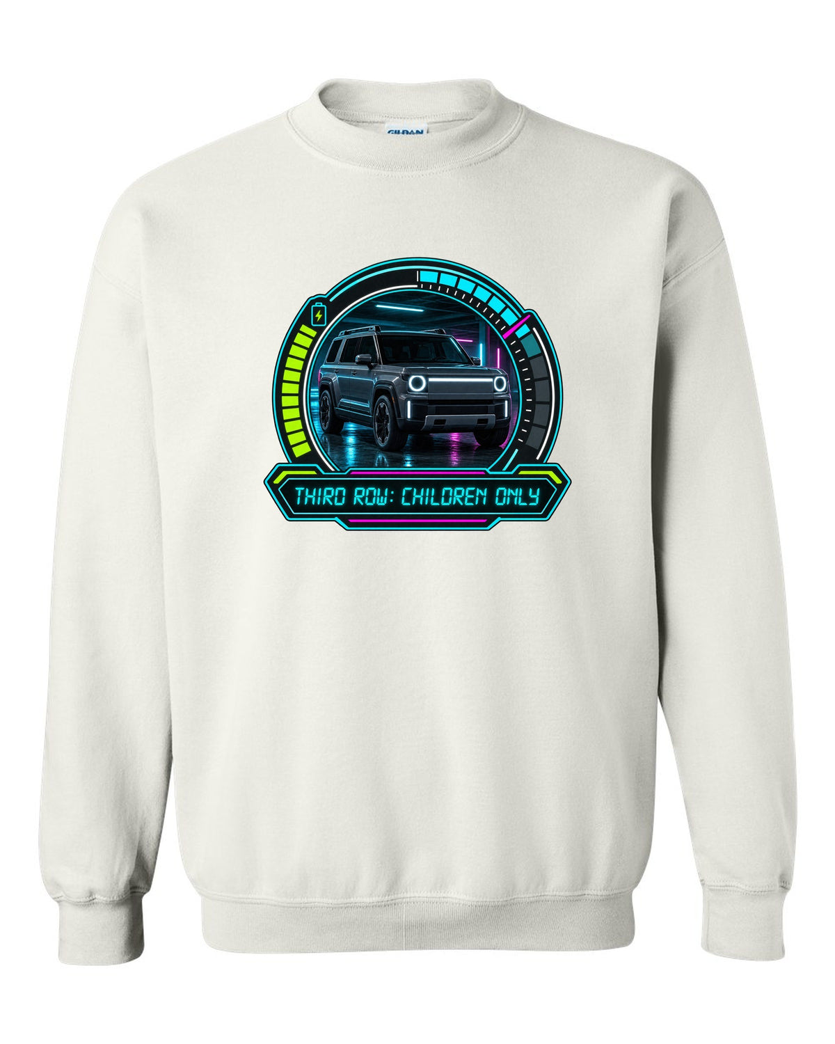 Rivian R1S dashboard gauge cluster HUD print with the text third row children only white crewneck front view with the design