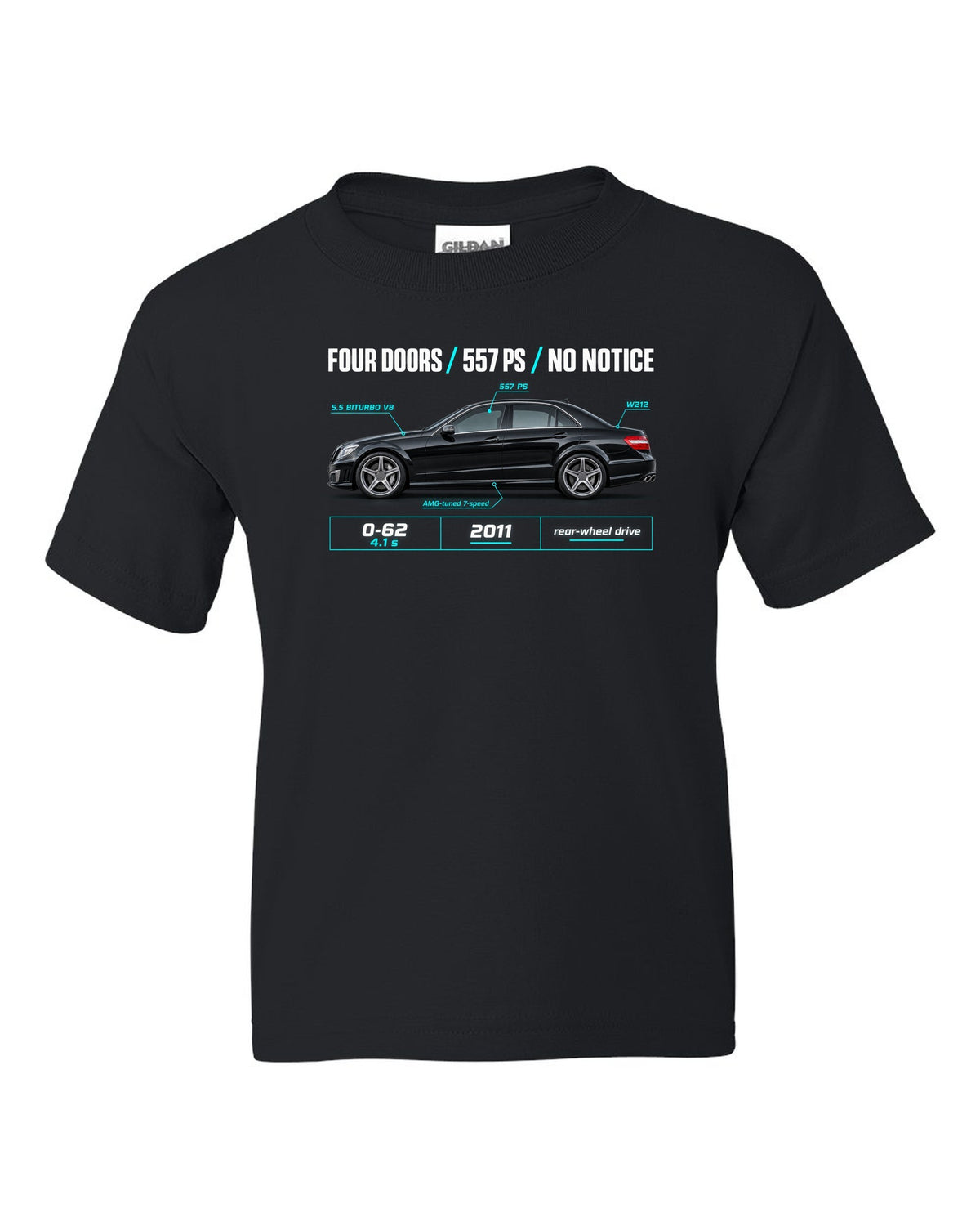 print spec poster of a 2011 Mercedes E63 AMG W212 sedan with text Four Doors 557 PS No Notice black kids tee front view with the design