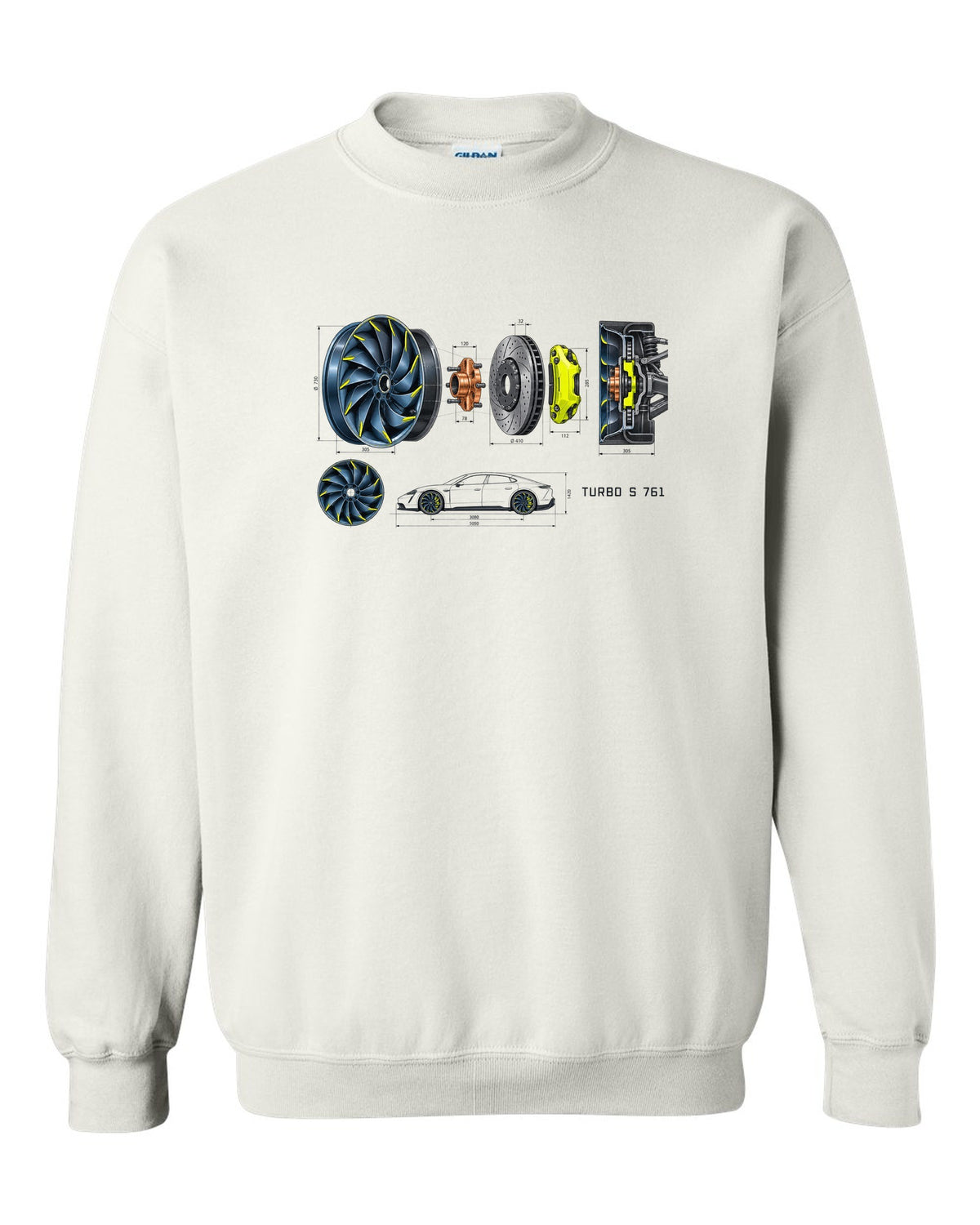 Porsche Taycan Turbo S 9J1 turbine wheel engineering schematic print with the text Turbo S 761 white crewneck front view with the design