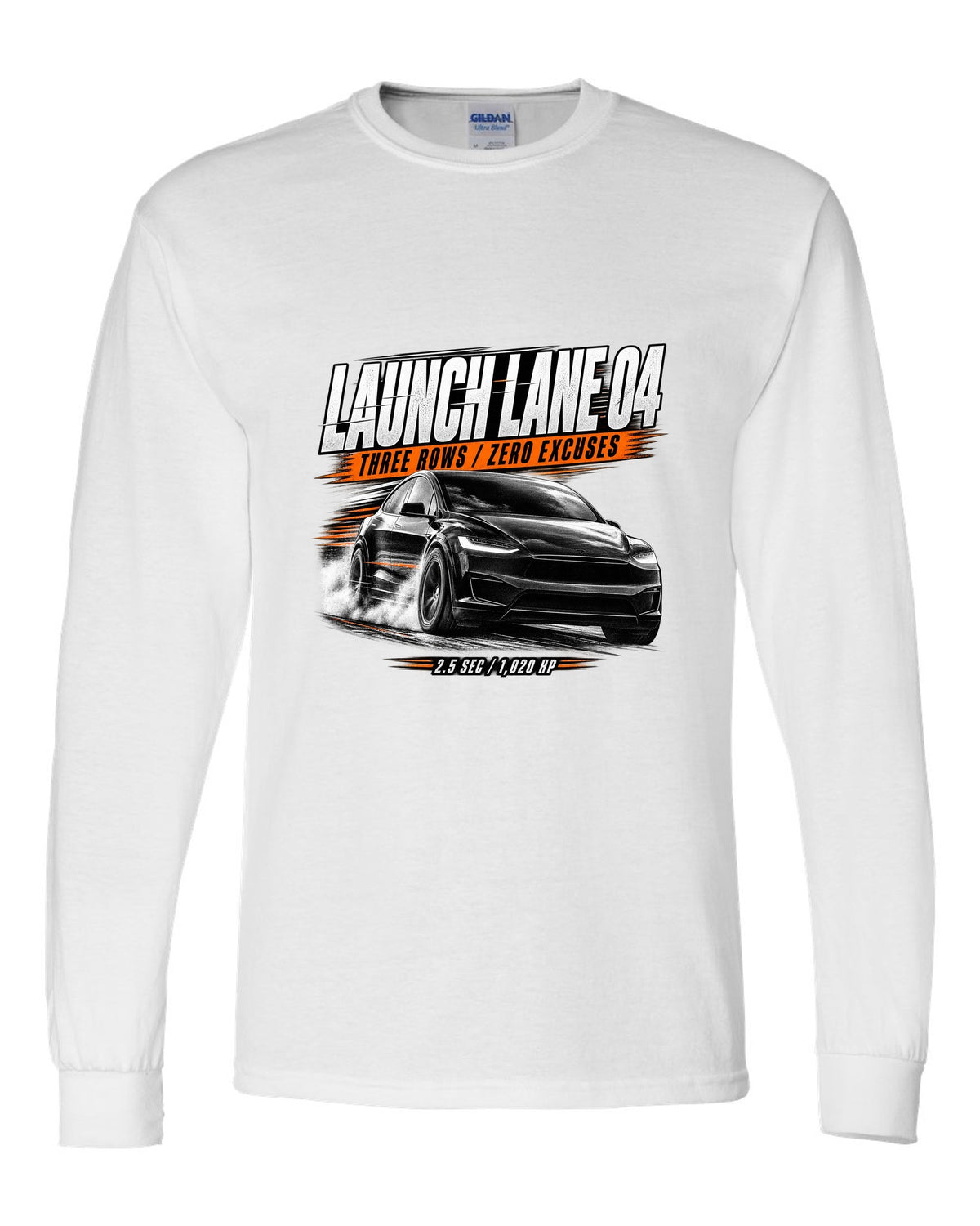 Tesla Model X Plaid front three-quarter launching in a race poster reading Launch Lane 04 white long sleeve front view with the design