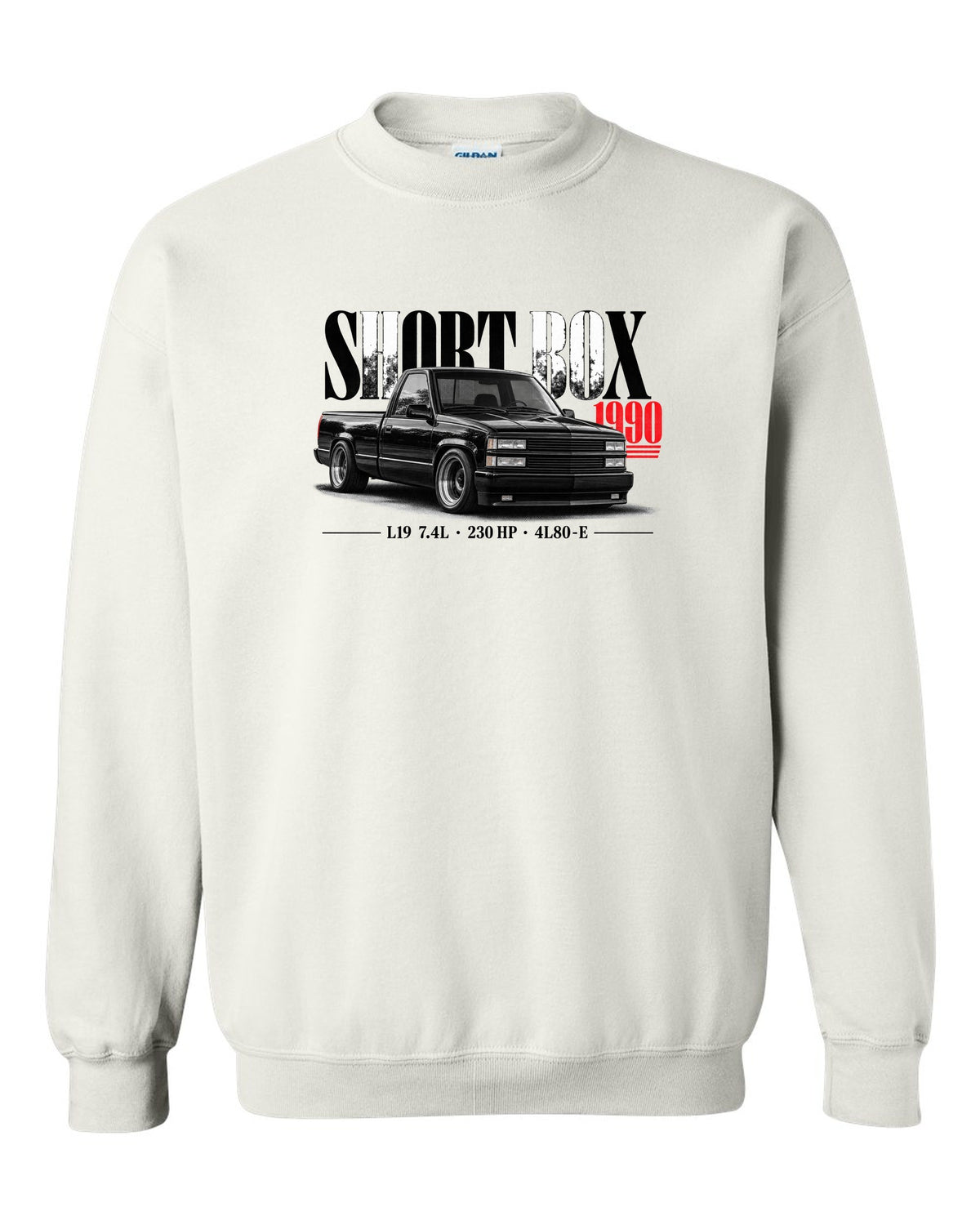 1990 Chevy 454 SS short box pickup editorial print white crewneck front view with the design