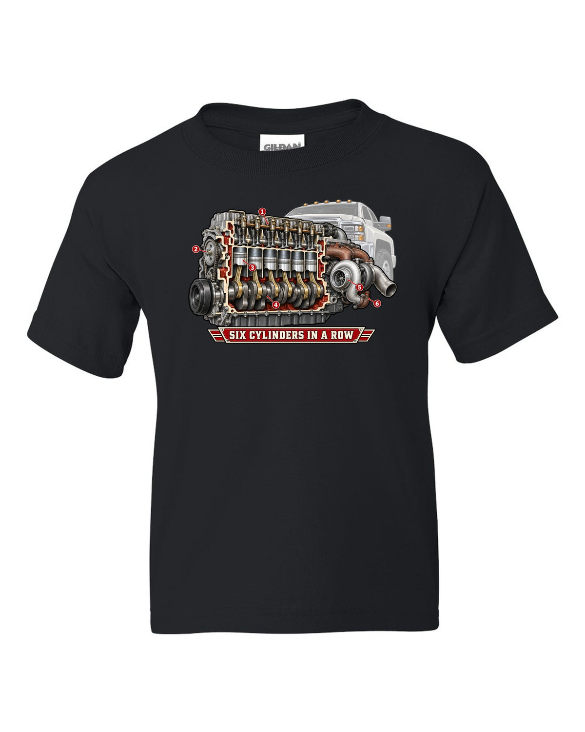 Cutaway diagram print of an inline-six diesel engine from a Dodge Ram 2nd gen with six cylinders in a row text black kids tee front view with the design