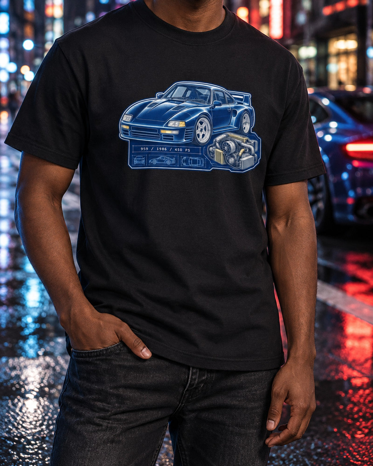 Porsche 959 Cyanotype Blueprint Shirt, 1986 450 PS Supercar T-Shirt Black worn hero