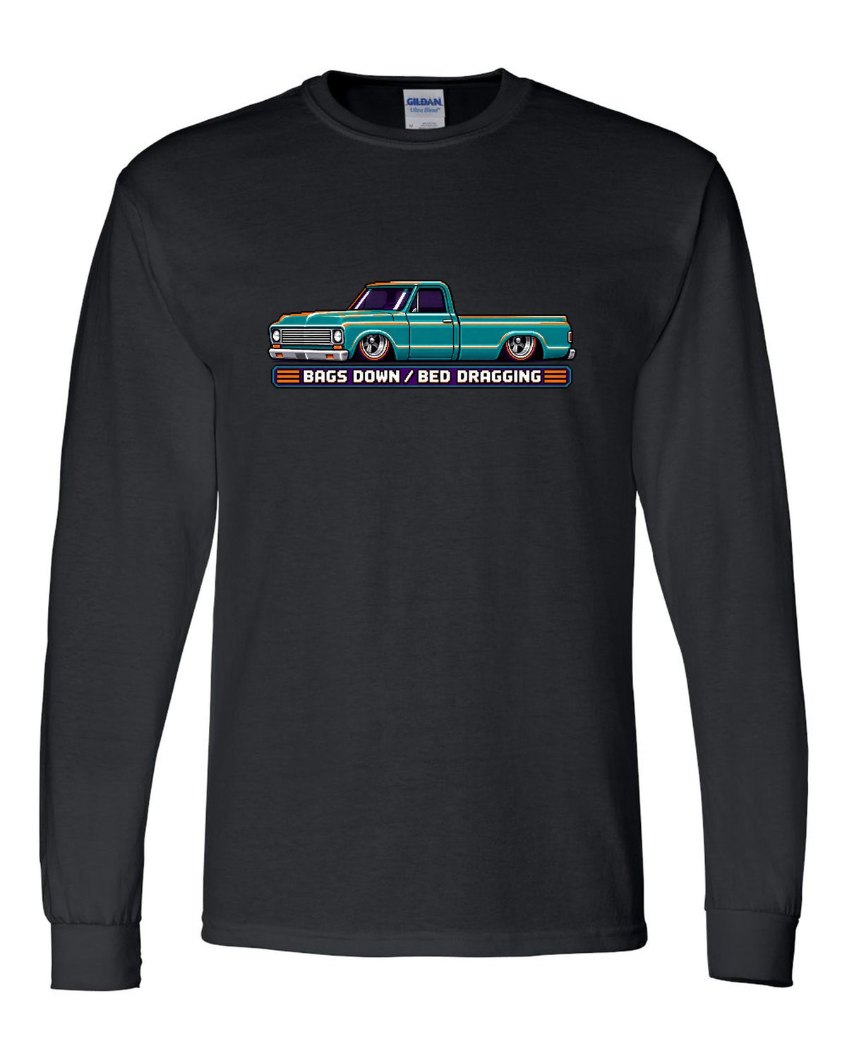 8/16-bit pixel art print of a bagged 1967-72 Chevrolet C10 Action Line Fleetside with bags down bed dragging lettering black long sleeve front view with the design