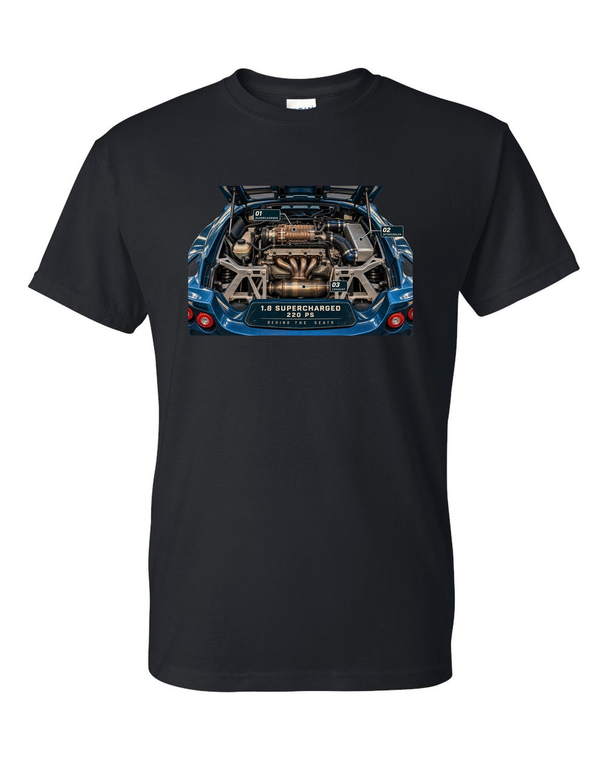 Lotus Exige S 2004 to 2011 supercharged four engine bay print with 1.8 supercharged 220 PS text black t-shirt front view with the design