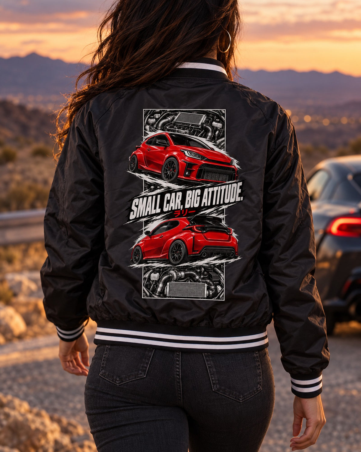 Toyota GR Yaris Torn Poster Full-Back Graphic Tee Bomber Jacket Black worn hero