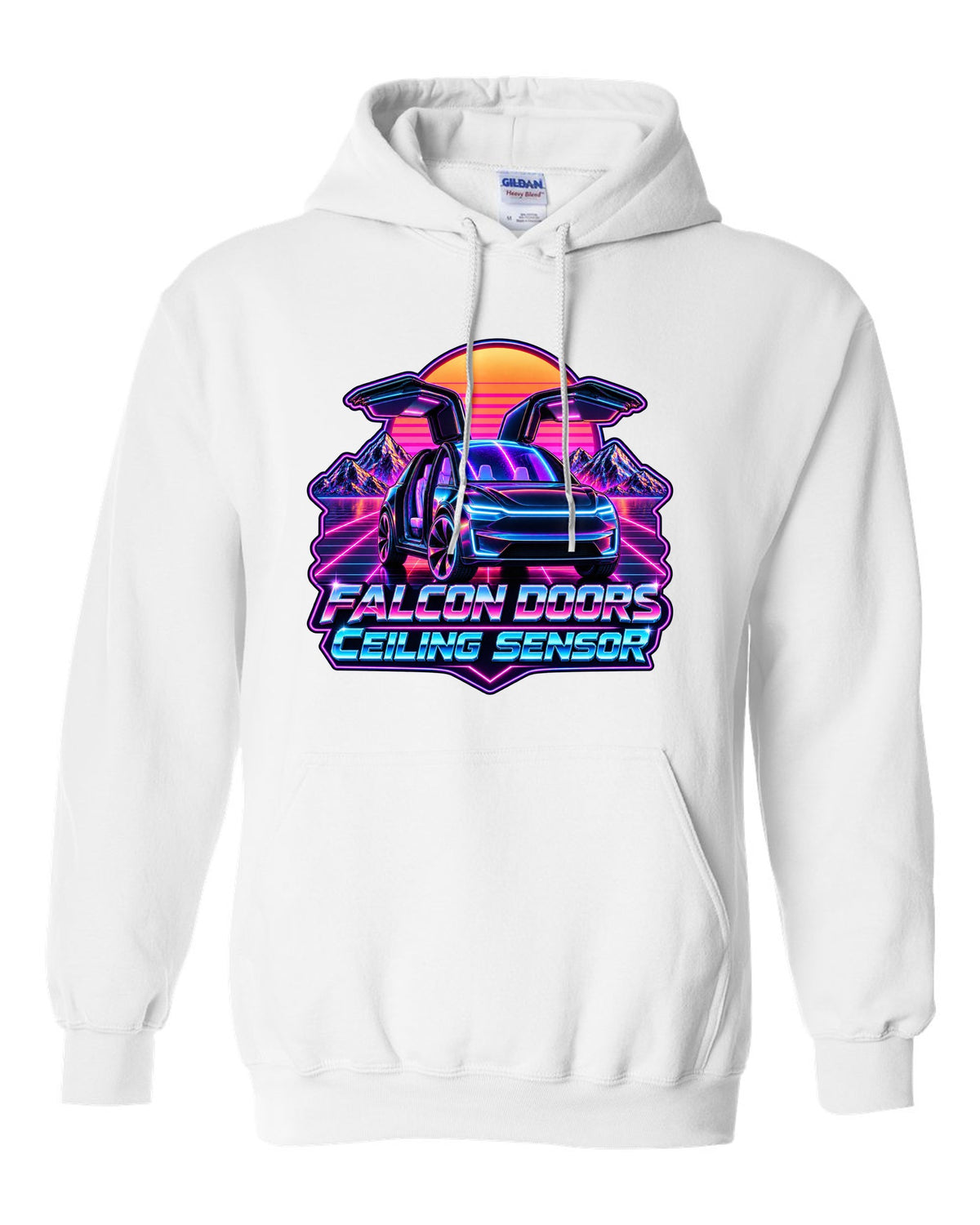 Synthwave outrun print of a Tesla Model X with falcon doors reading Falcon Doors Ceiling Sensor white pull over hoodie front view with the design