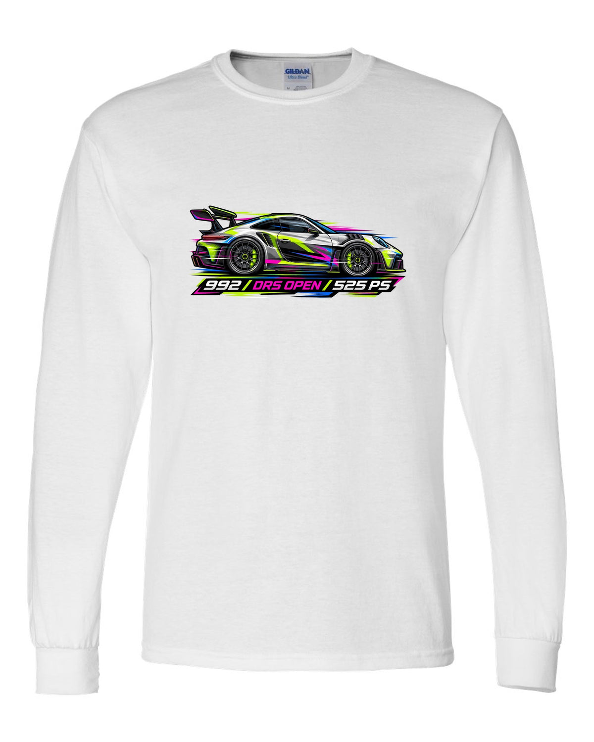 Cyberpunk neon vector artwork of a Porsche 911 GT3 RS 992 with DRS open white long sleeve front view with the design