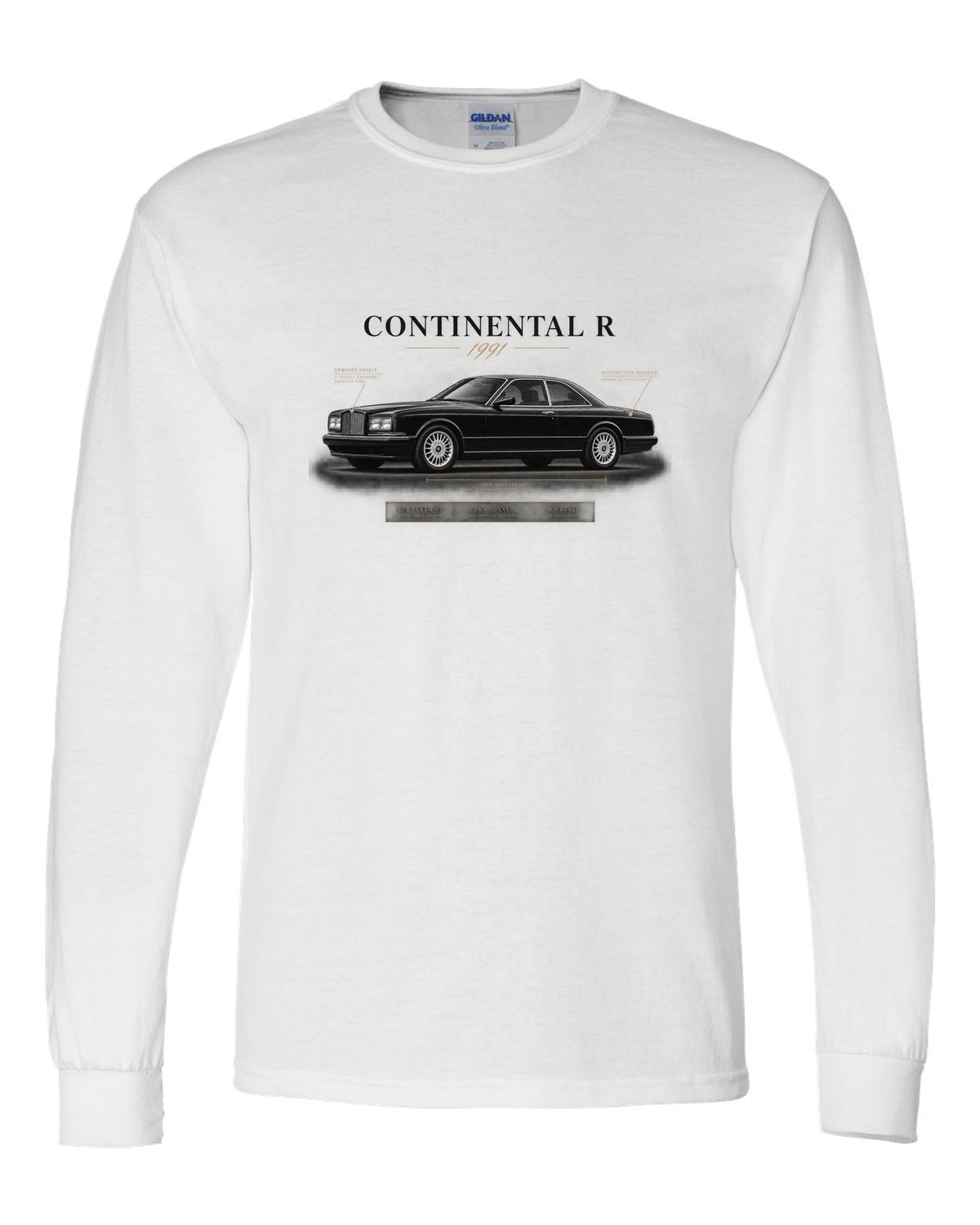 Bentley Continental R 1991 spec poster with 6.75 turbo V8 white long sleeve front view with the design