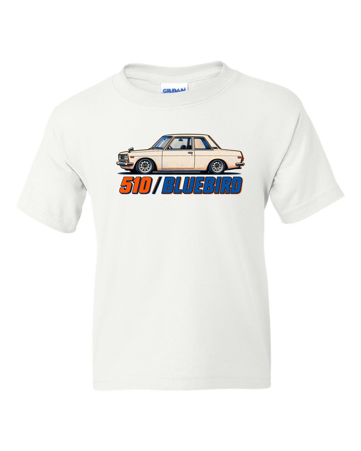 Risograph box print of the Datsun 510 Bluebird with 510 Bluebird lettering white kids tee front view with the design