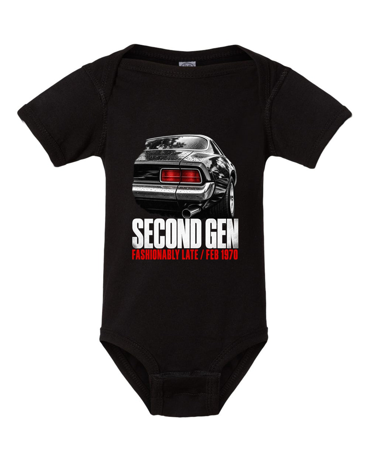 Taillight macro print of a 1970 second-gen Chevrolet Camaro split bumper with Feb 1970 caption black baby onesie front view with the design