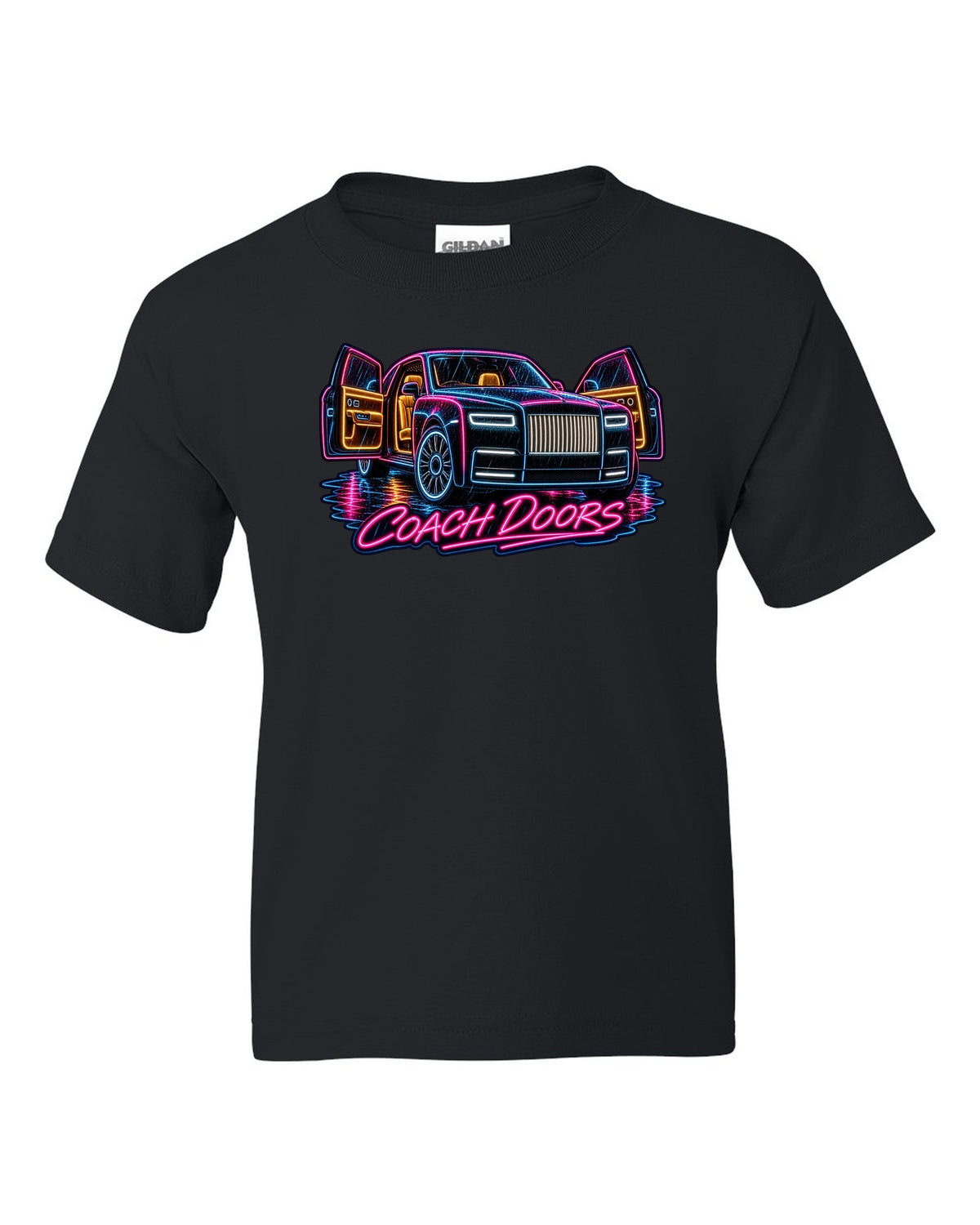 Neon sign style print of a Rolls-Royce Phantom VIII in rain with coach doors lettering black kids tee front view with the design