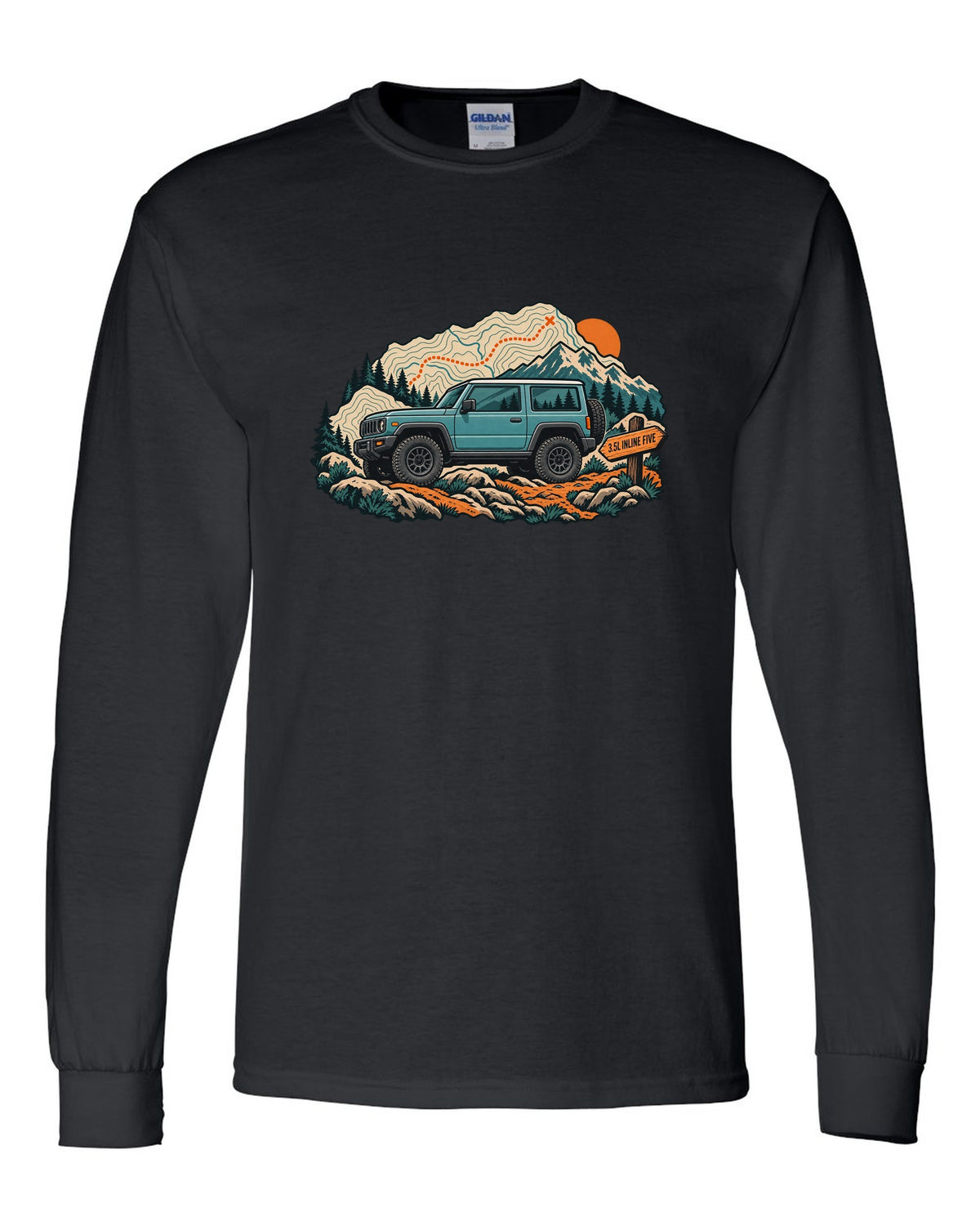 Topographic trail map print of a 2006-10 Hummer H3 with 3.5L inline five lettering black long sleeve front view with the design