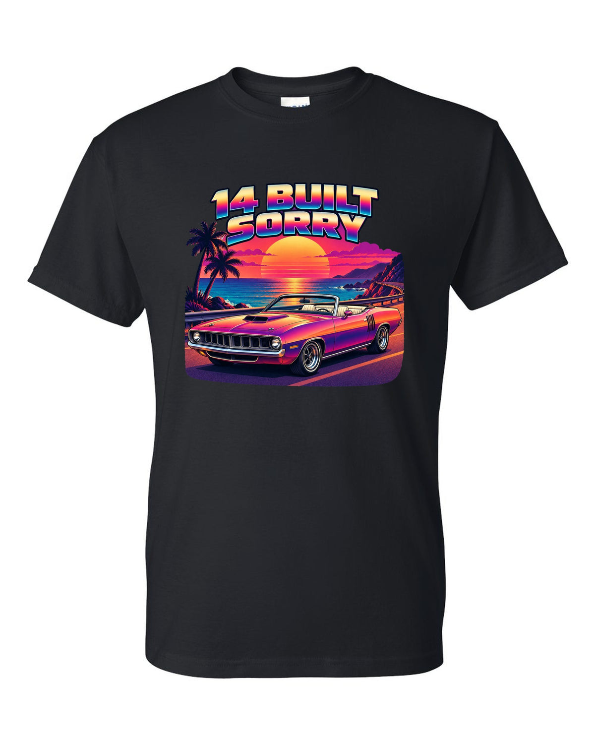 Sunset gradient synth vector print of a 1970 Plymouth Hemi 'Cuda convertible with 14 built text black t-shirt front view with the design